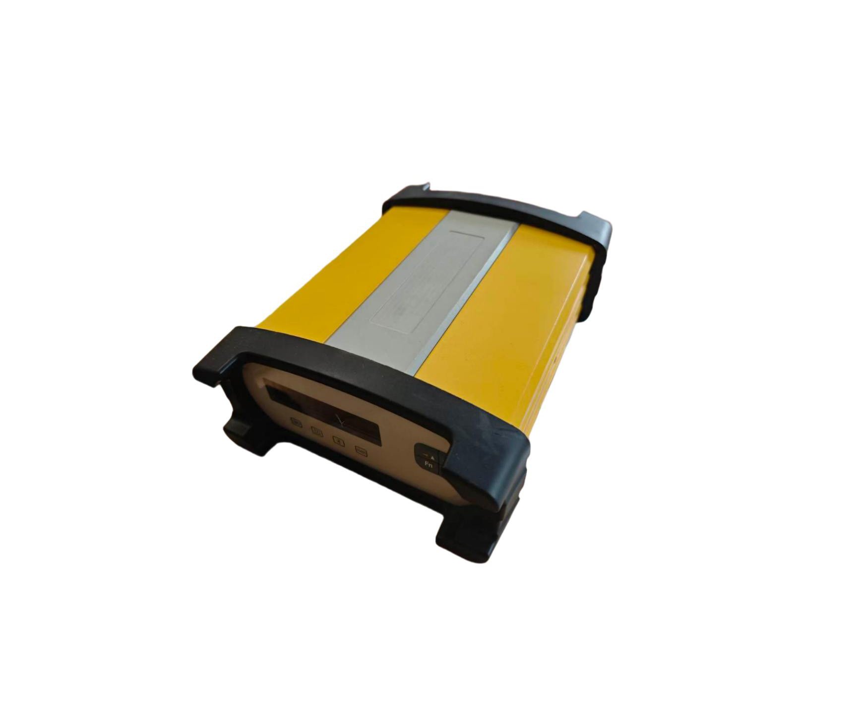 A handheld portable electronic device with a yellow and black protective casing and a digital display on the front.