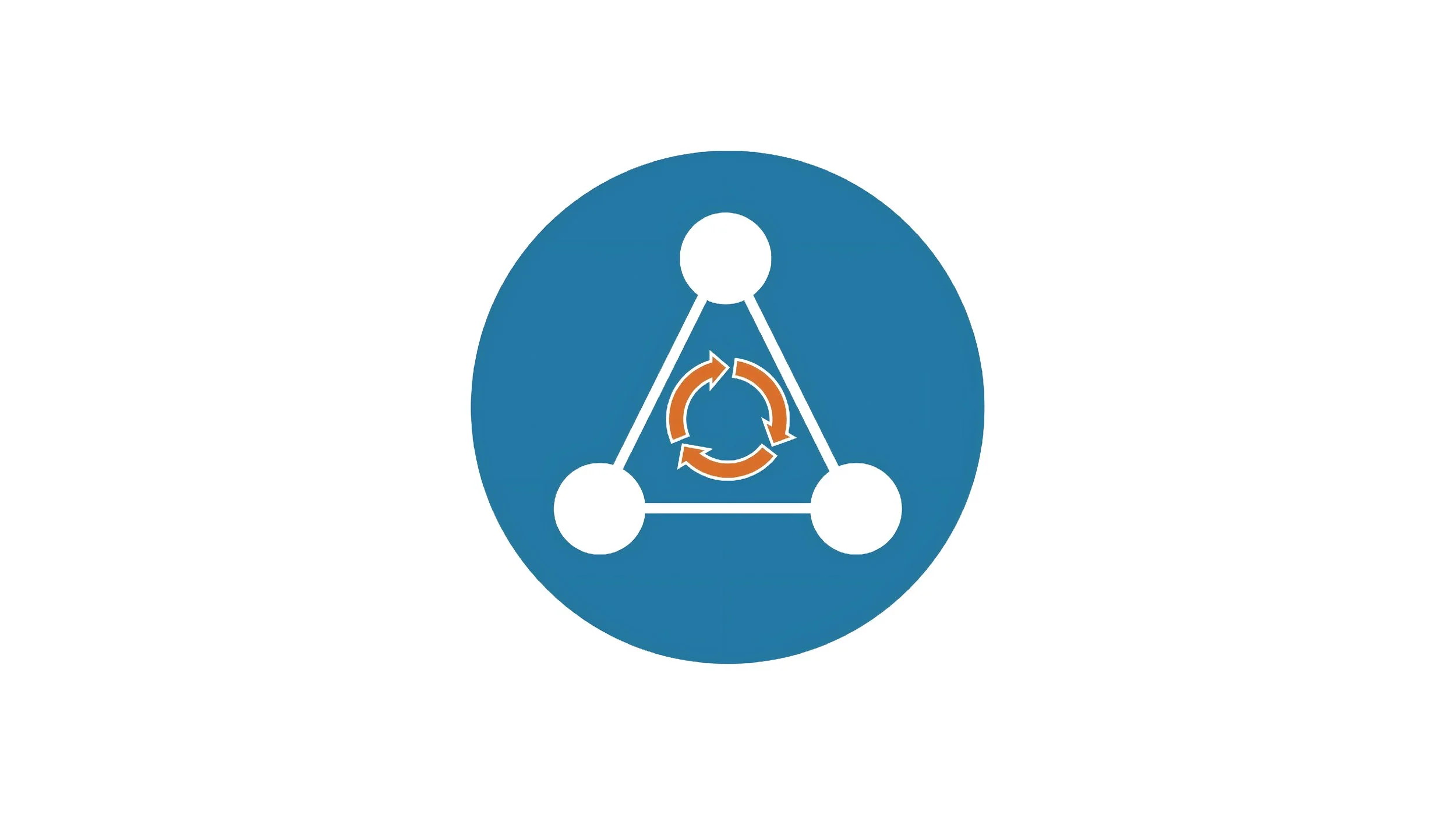 A diagram of a triangle with three circles at its vertices and arrows indicating rotation inside the triangle.