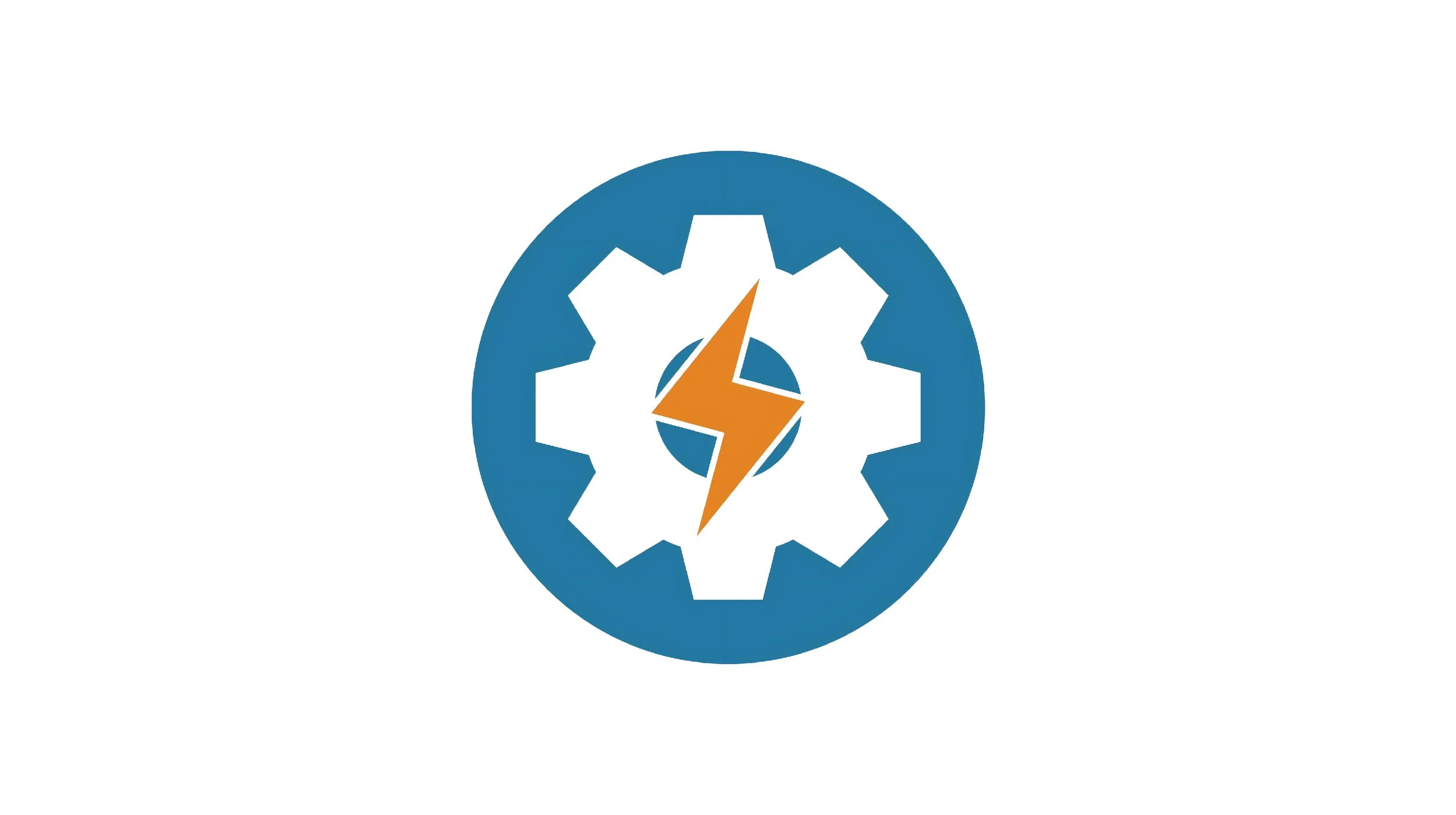 A logo featuring a blue cogwheel with a yellow lightning bolt and a white 3D cube shape in the center.