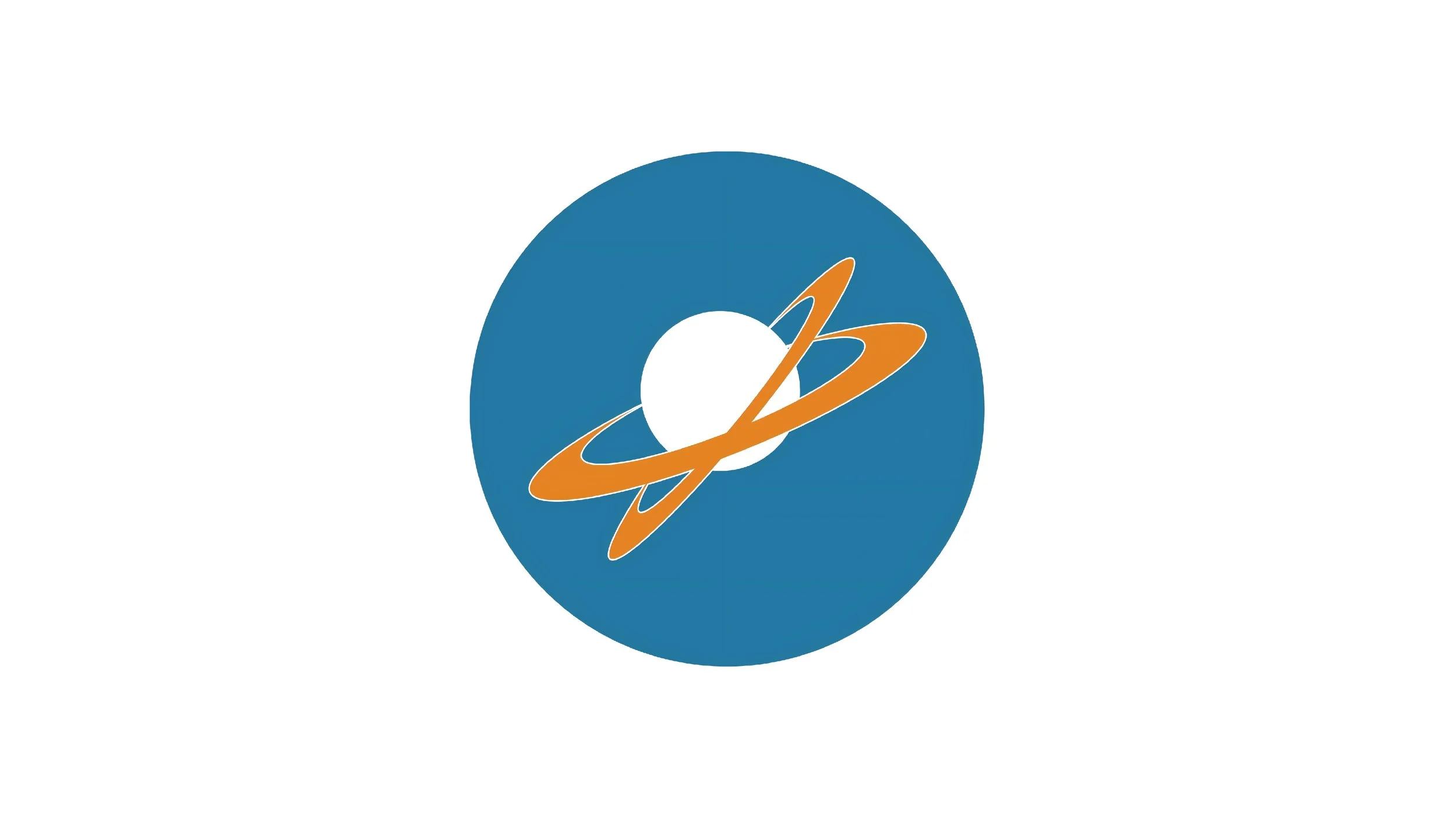 Logo featuring a blue circle with an orange orbit and ring around a white dot in the center.
