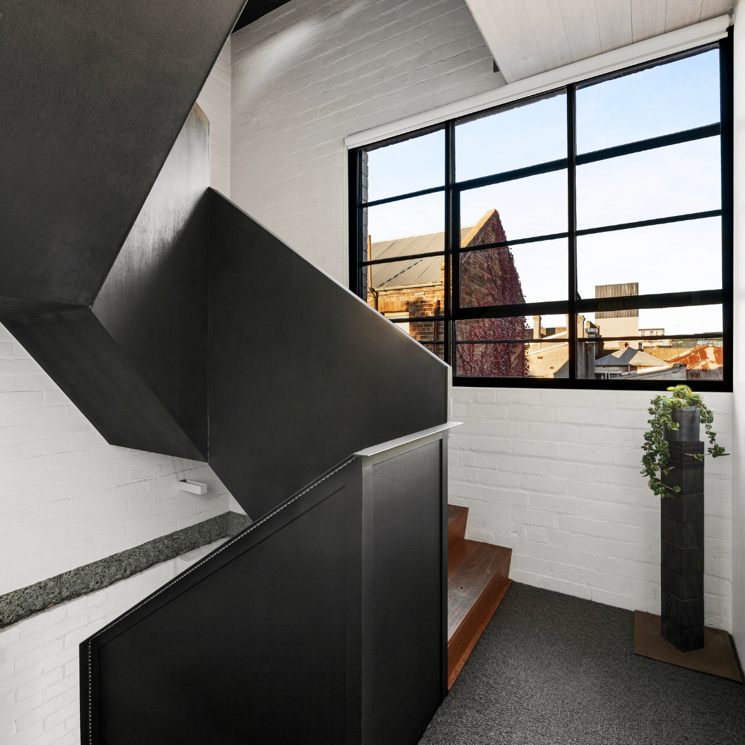 Architectural staircase detail styled at 53 Little Smith Street, Fitzroy