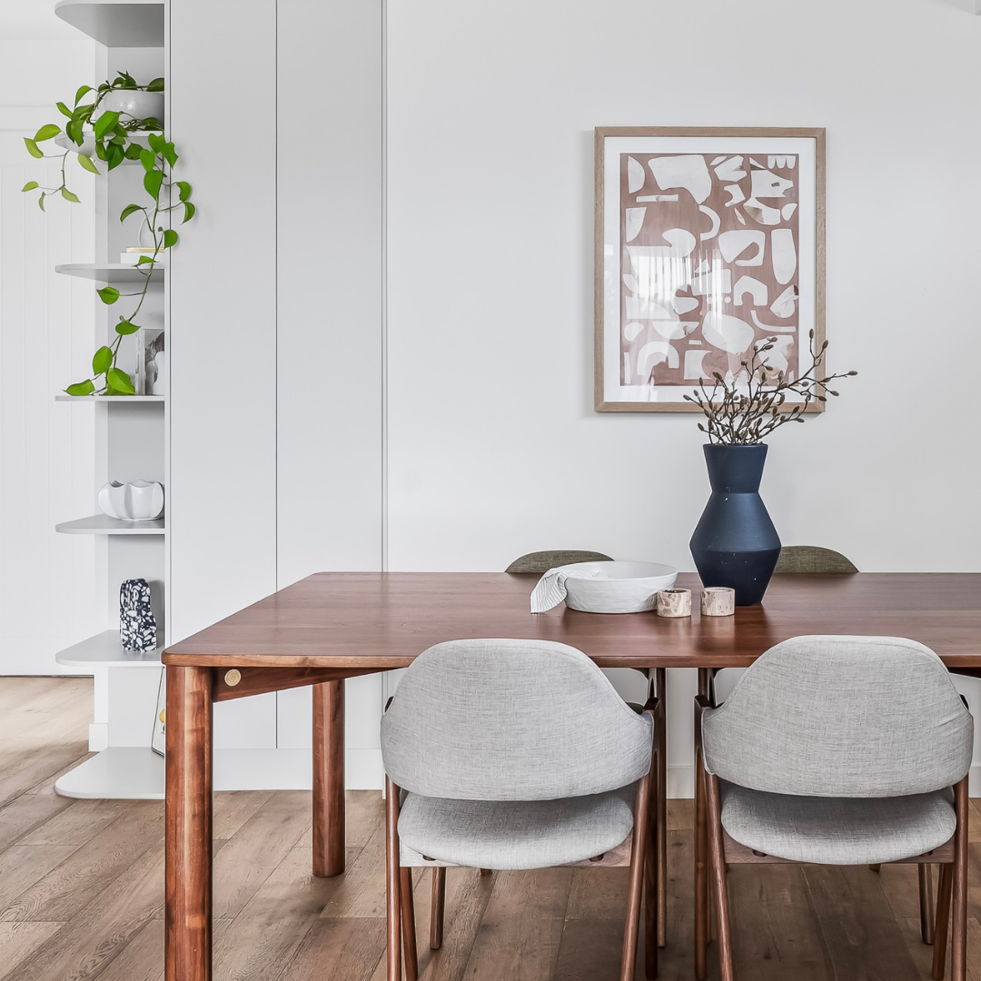 Home staged dining area in a Preston townhouse styled for everyday living and entertaining.