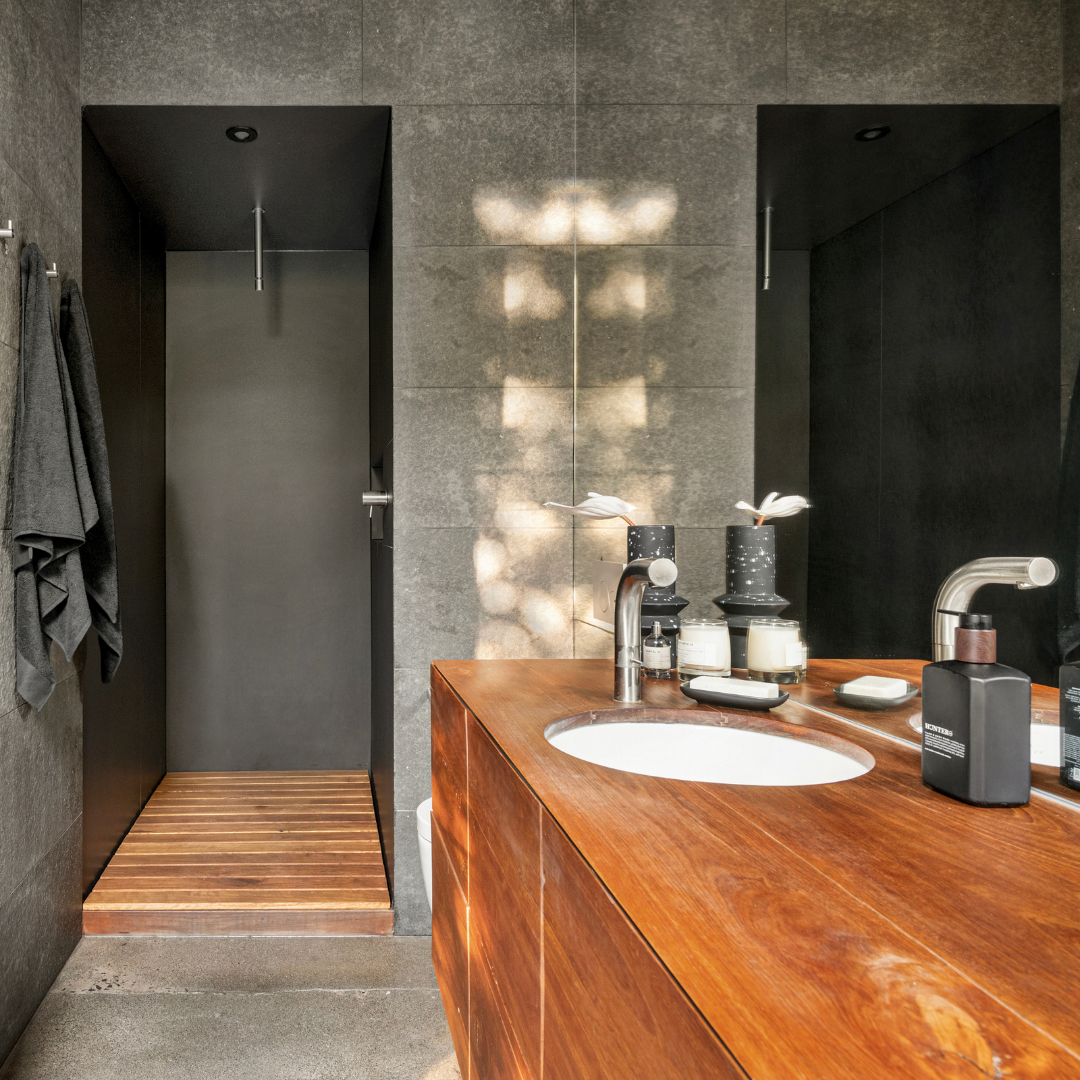 Partial styling of a modern bathroom at 53 Little Smith Street, Fitzroy
