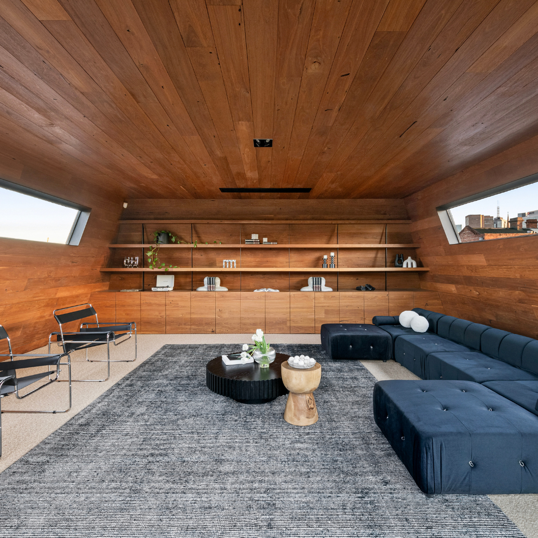 Partially styled lounge room in an architectural home on Little Smith Street, Fitzroy