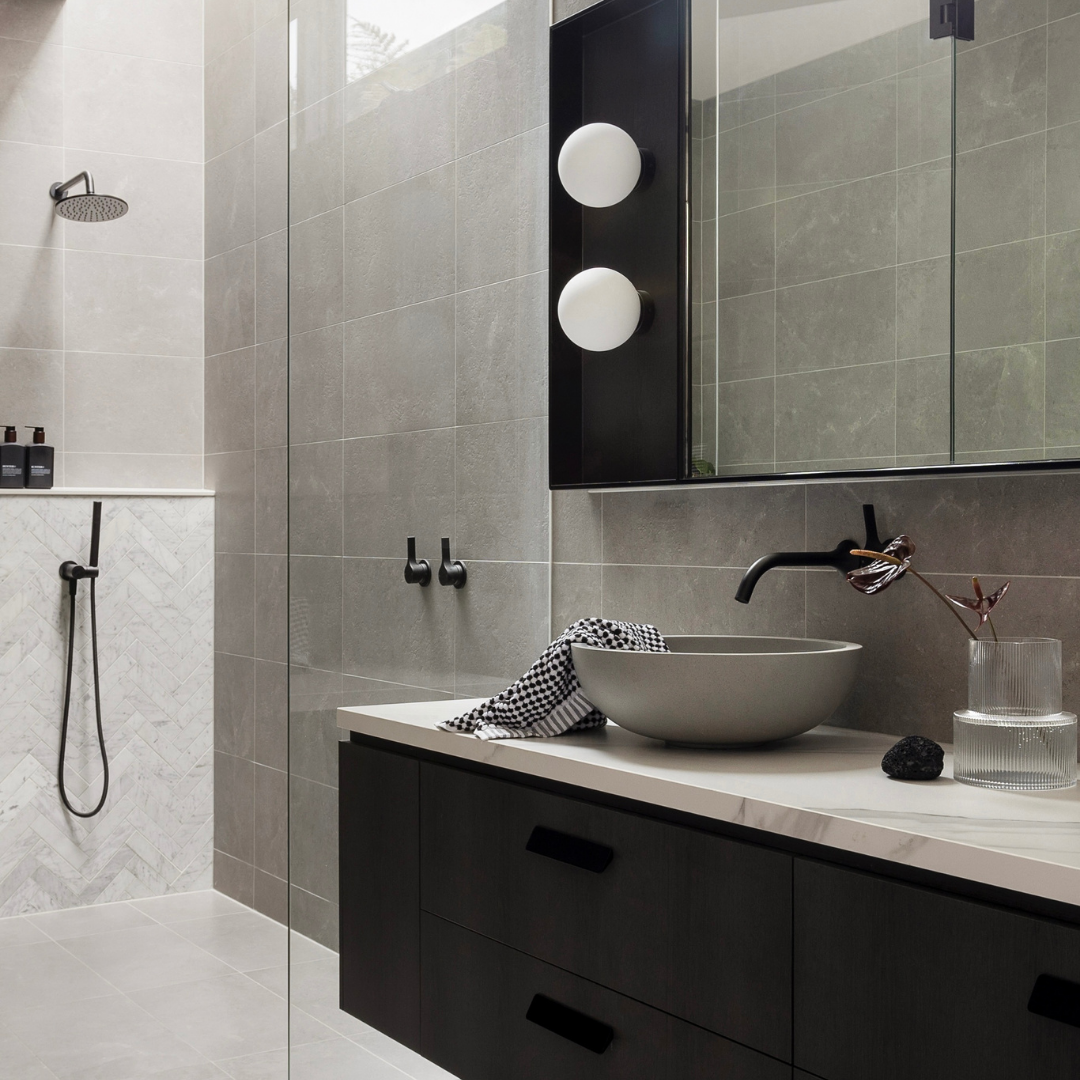 Photo shoot styling of a modern bathroom in a new build at 56 Fernfill Road, Sandringham