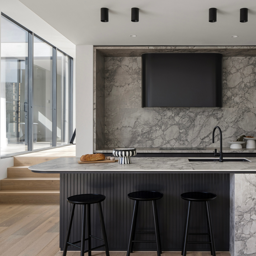 Photo shoot styling of a modern kitchen with island seating at 56 Fernfill Road, Sandringham