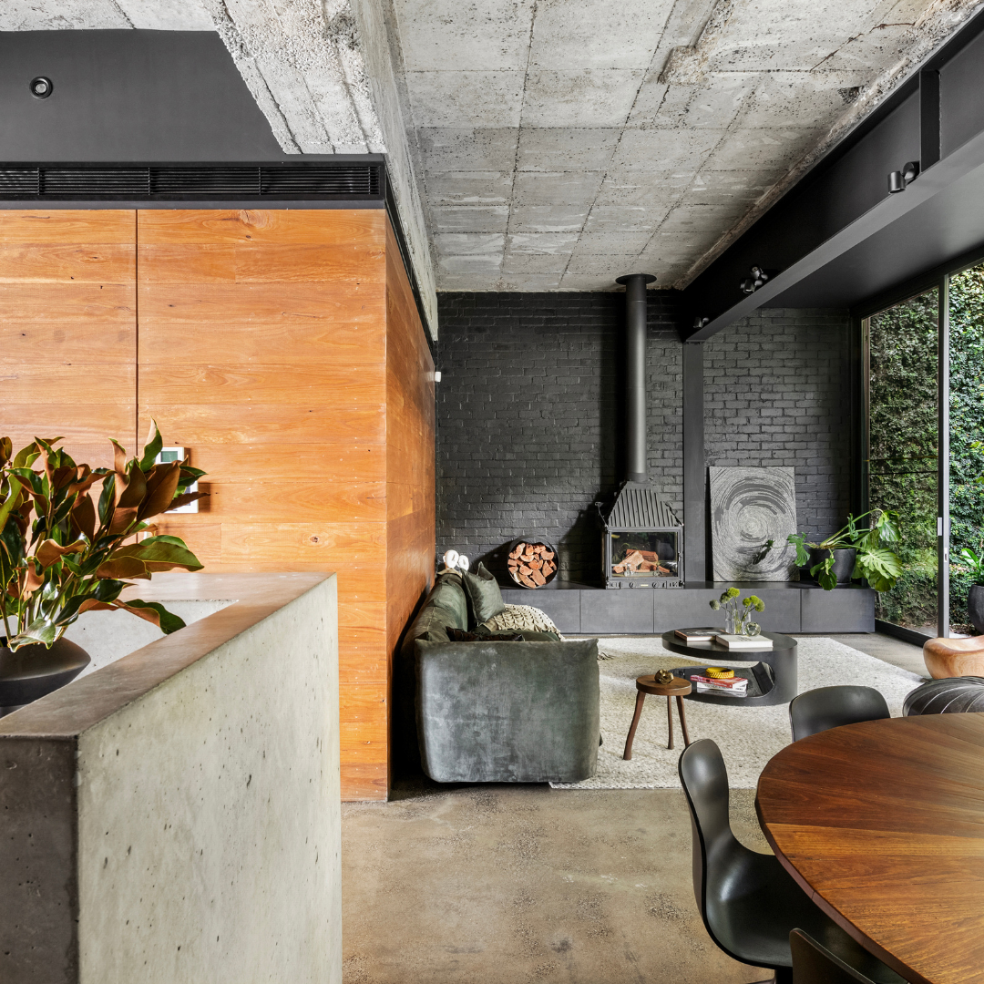 Architectural living room styled to highlight timber features at 53 Little Smith Street, Fitzroy