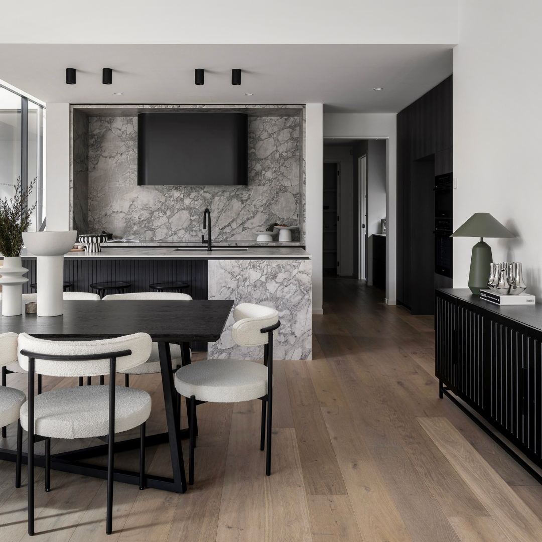 Photo shoot styled open-plan kitchen and dining space at 56 Fernfill Road, Sandringham