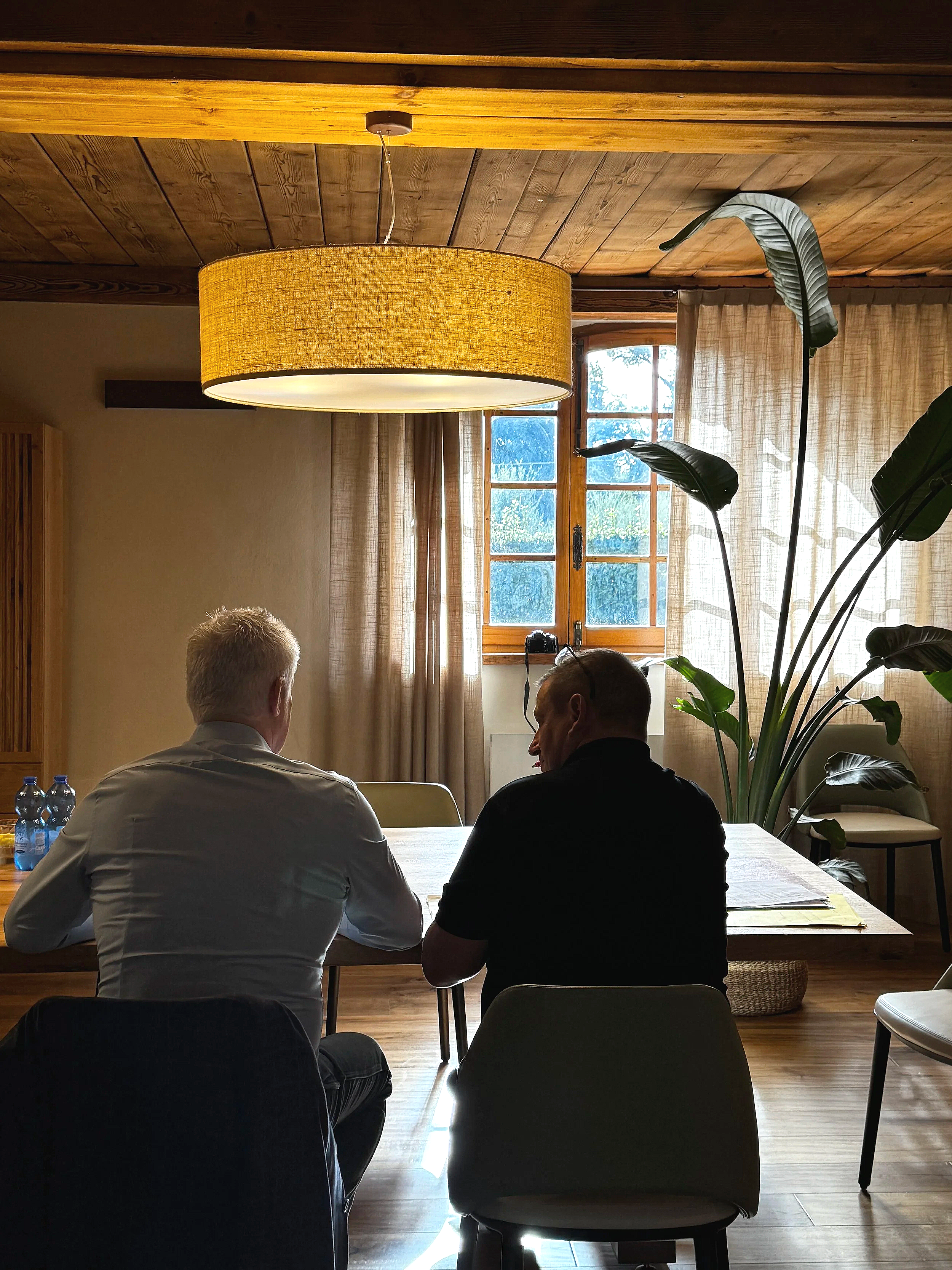 Two men sitting at a table having a conversation in a cozy room with natural light coming through a window. The room features a large hanging lamp, wooden panel ceiling, and a large indoor plant.