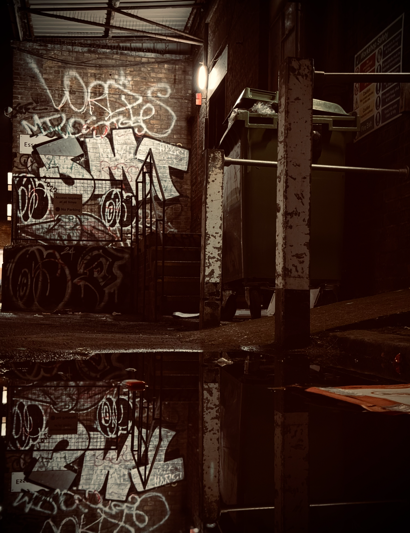 Dimly lit alley with graffiti-covered brick wall, stairs, and empty shopping cart reflected in a puddle.