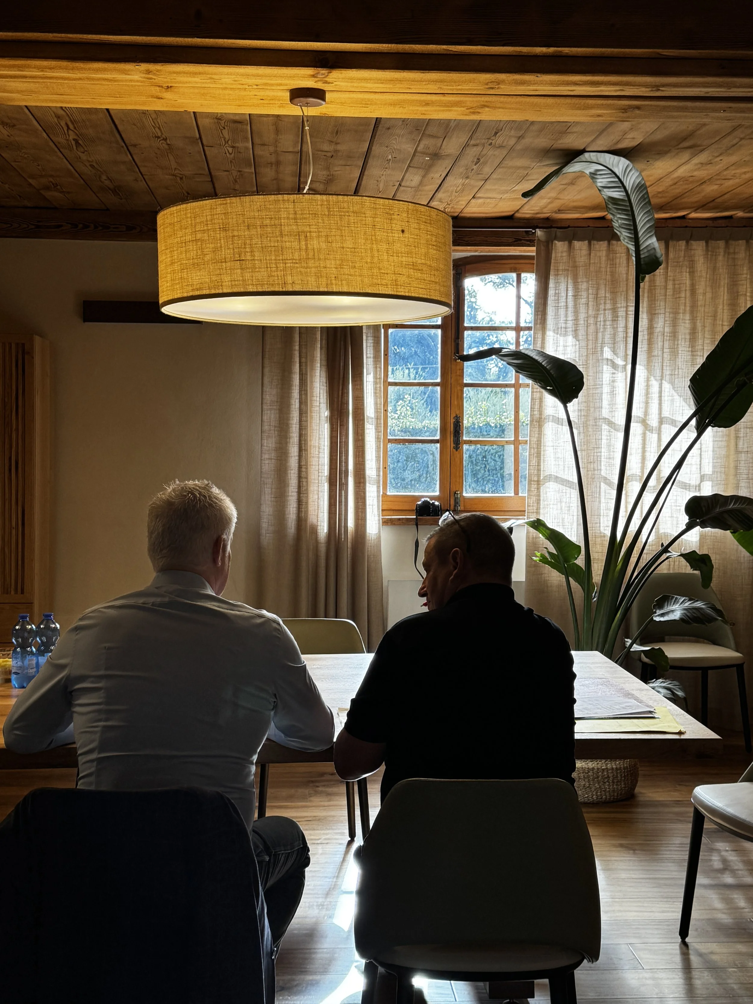 Two men seated at a wooden table in a room with wood-paneled ceiling, a large hanging yellow lamp, a window with curtains, and a large leafy houseplant.