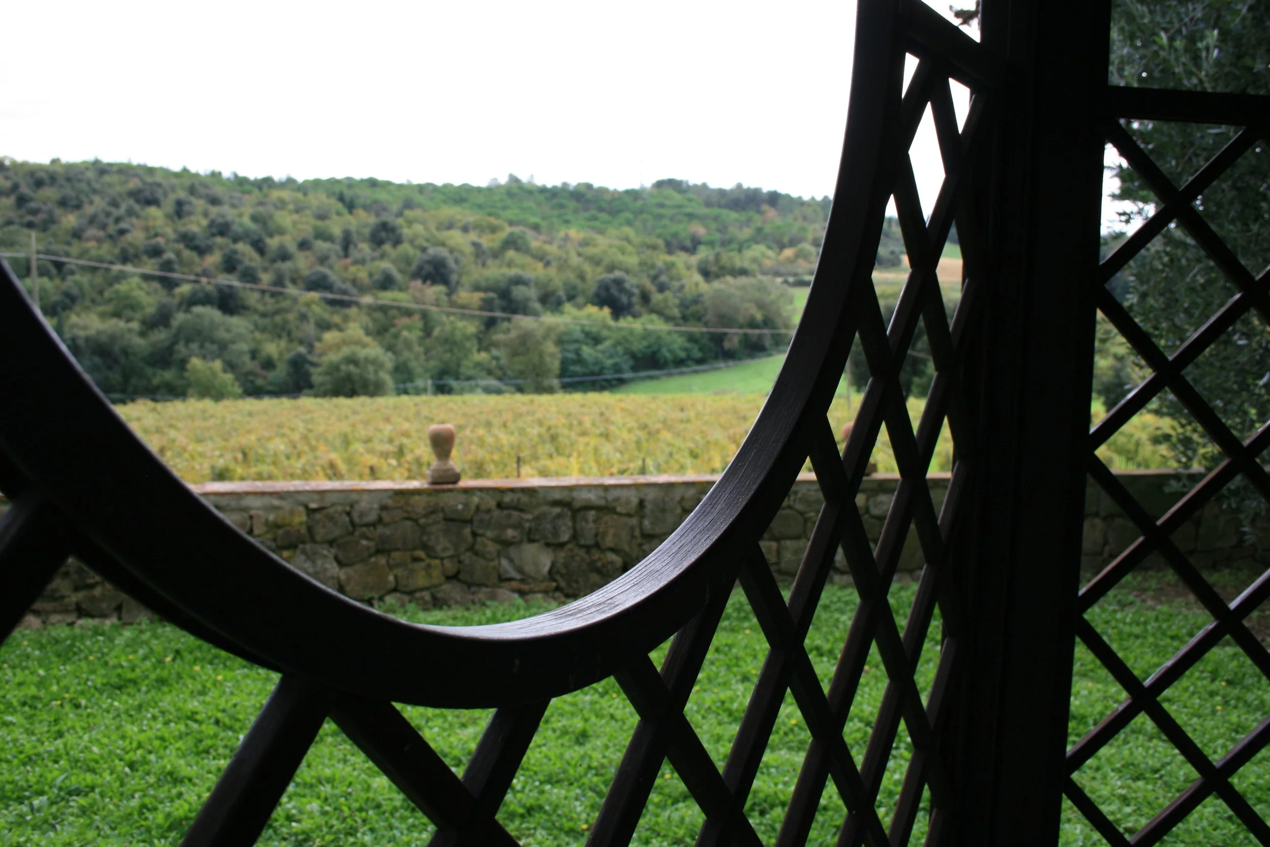 View of a lush, green landscape with rolling hills, trees, and a stone wall, seen through a decorative wooden lattice window or door.