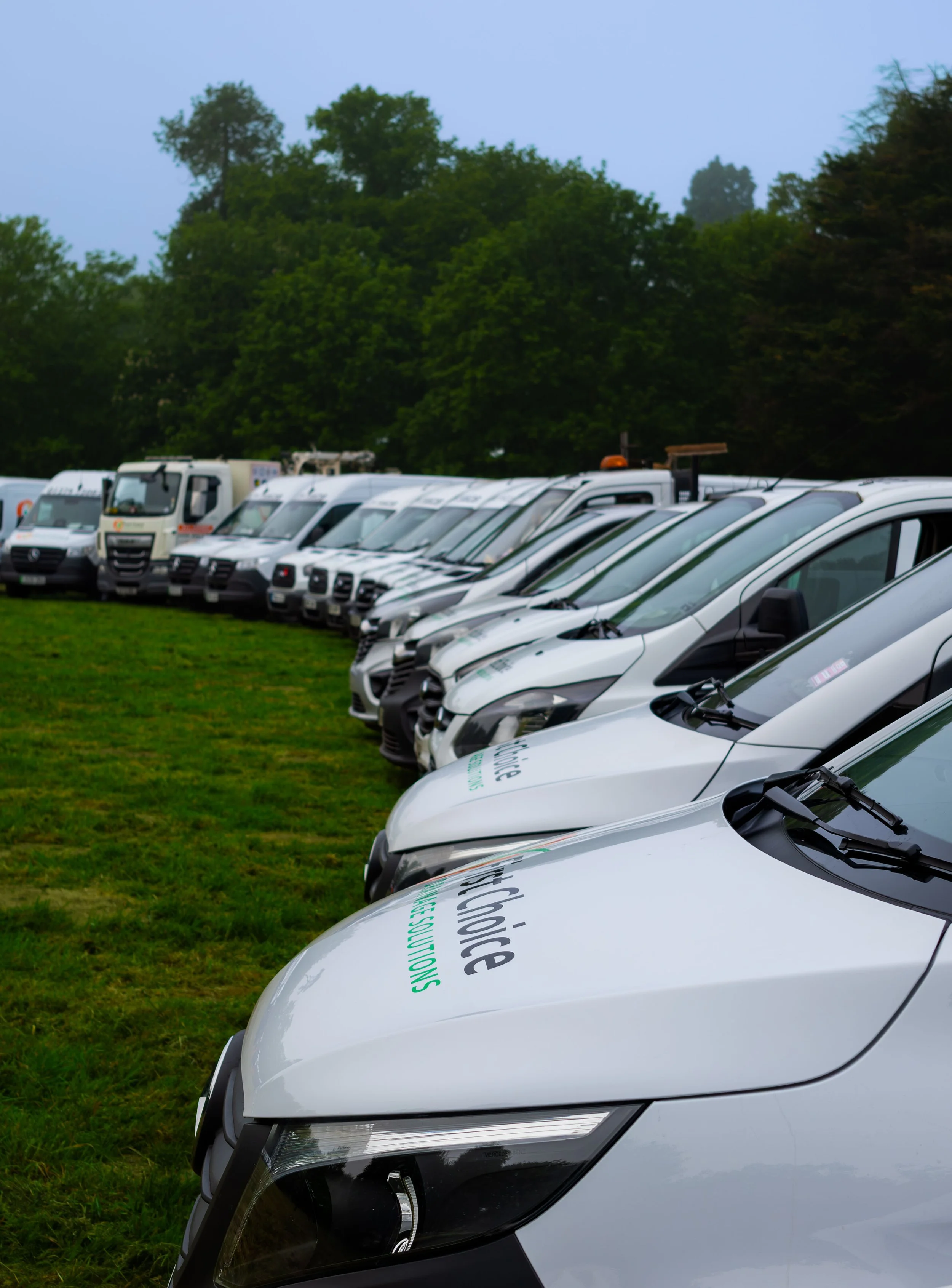 Row of white electric vehicles parked on grass with green trees in the background during daytime.