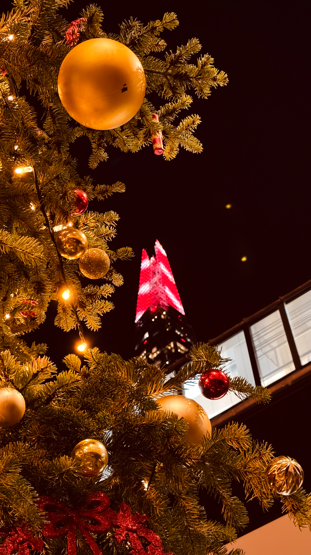 Christmas tree decorated with gold and red ornaments illuminated with yellow lights, with a tall building in the background at night.
