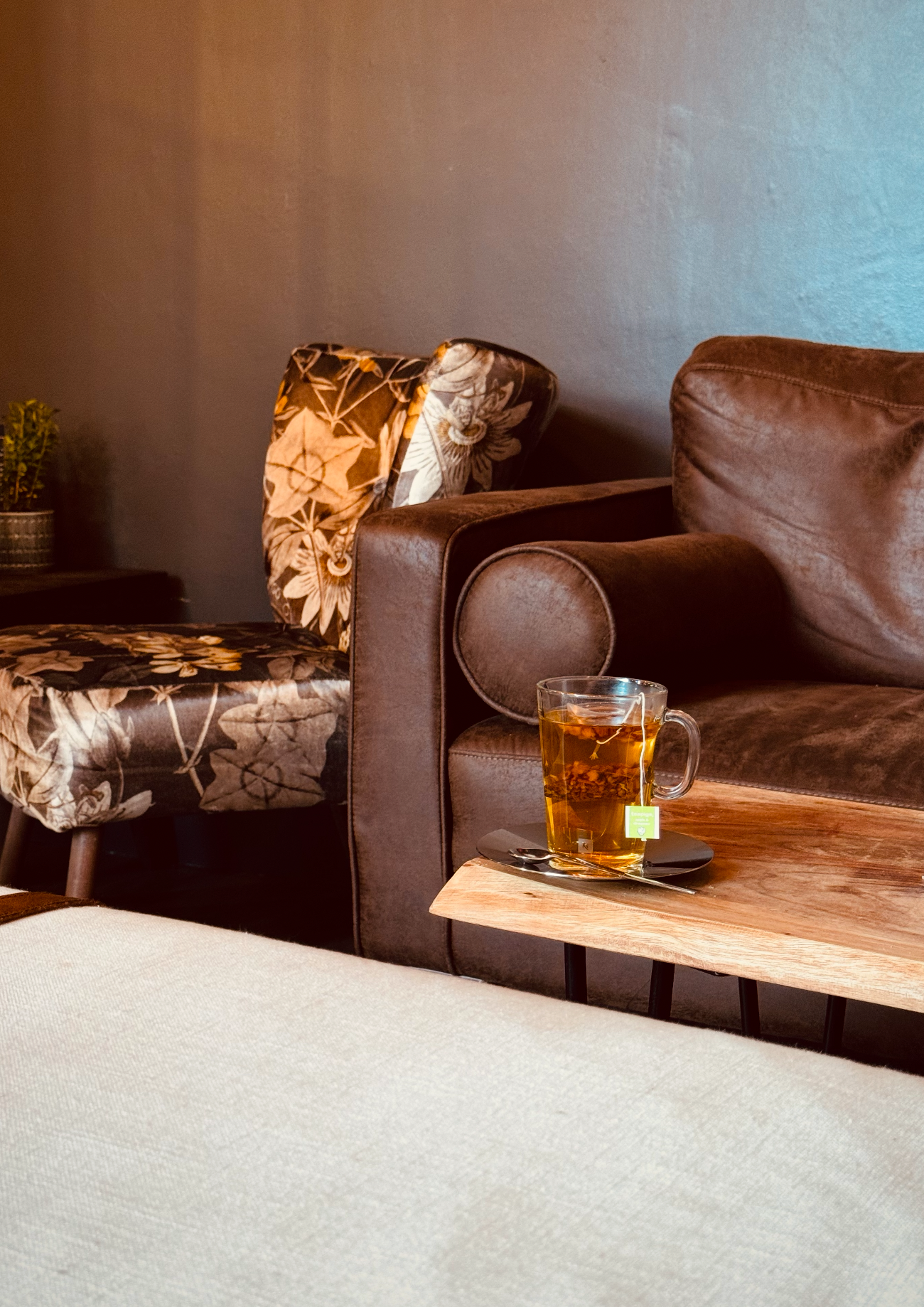Living room with a patterned upholstered chair, a brown leather sofa, a wooden coffee table with a glass mug of tea, and a small plant on a side table.