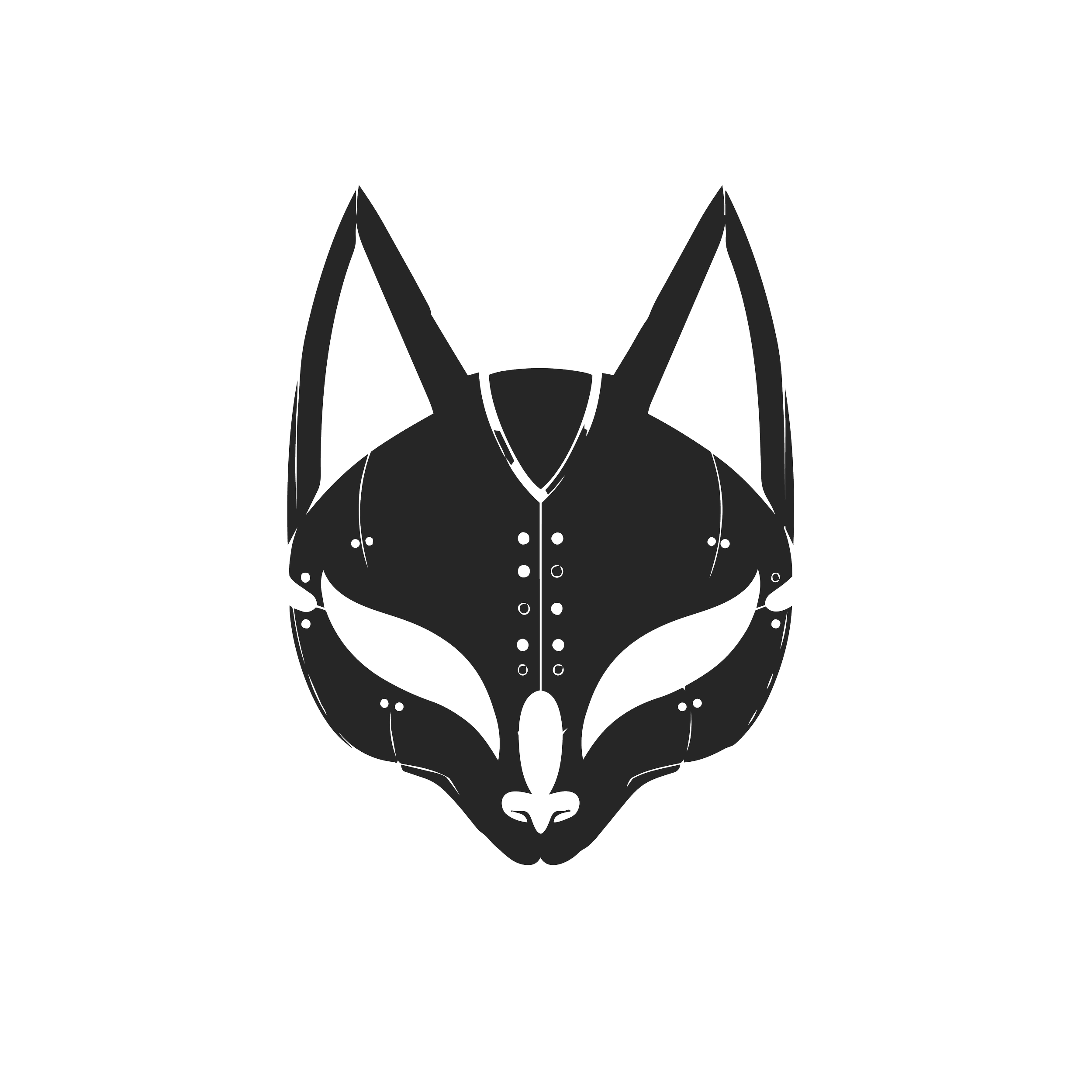 A stylized black wolf skull with angular and sharp features on a transparent background.