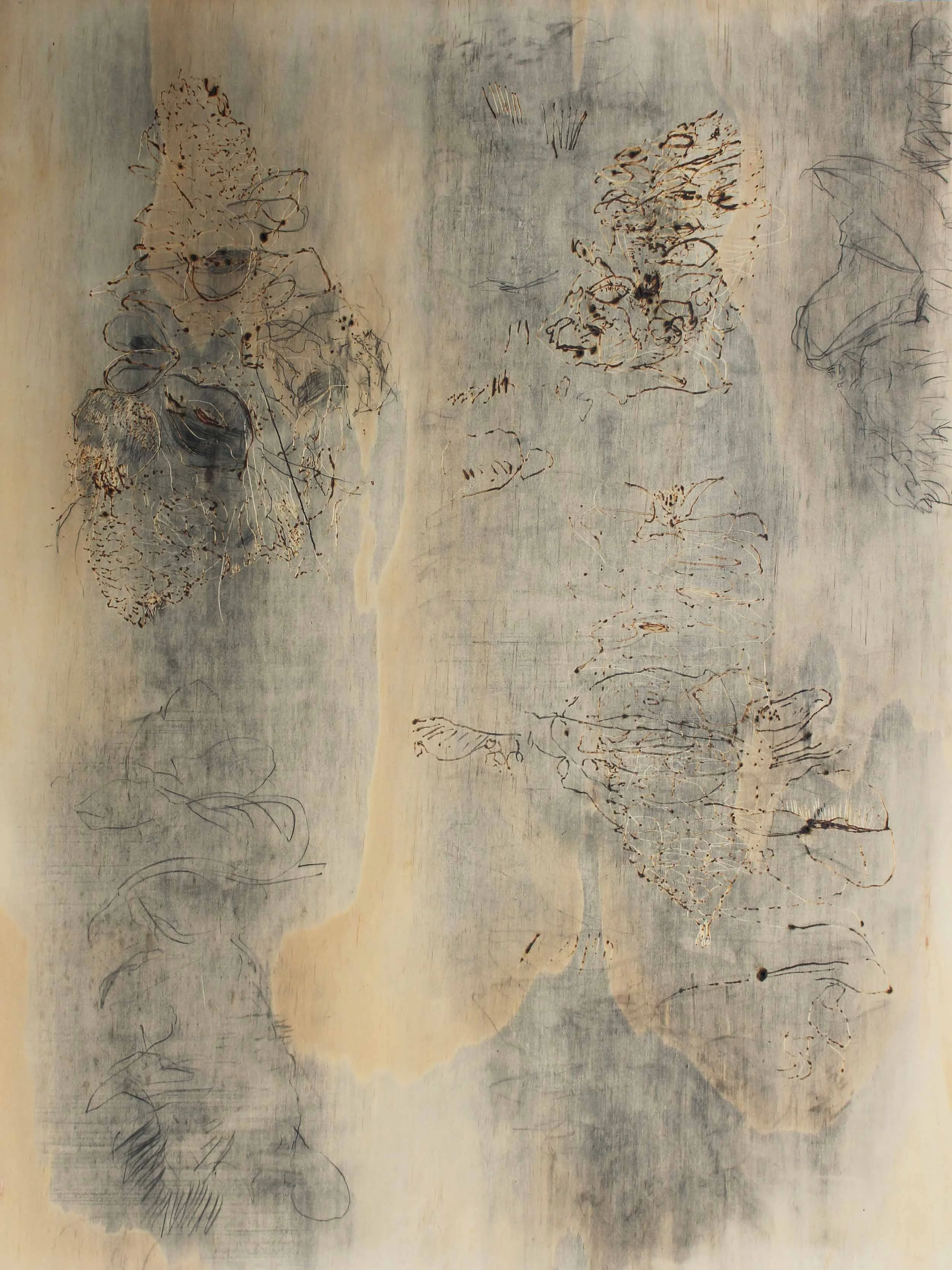 Apparitions, 2023, charcoal and soldering iron on plywood, 60x80cm