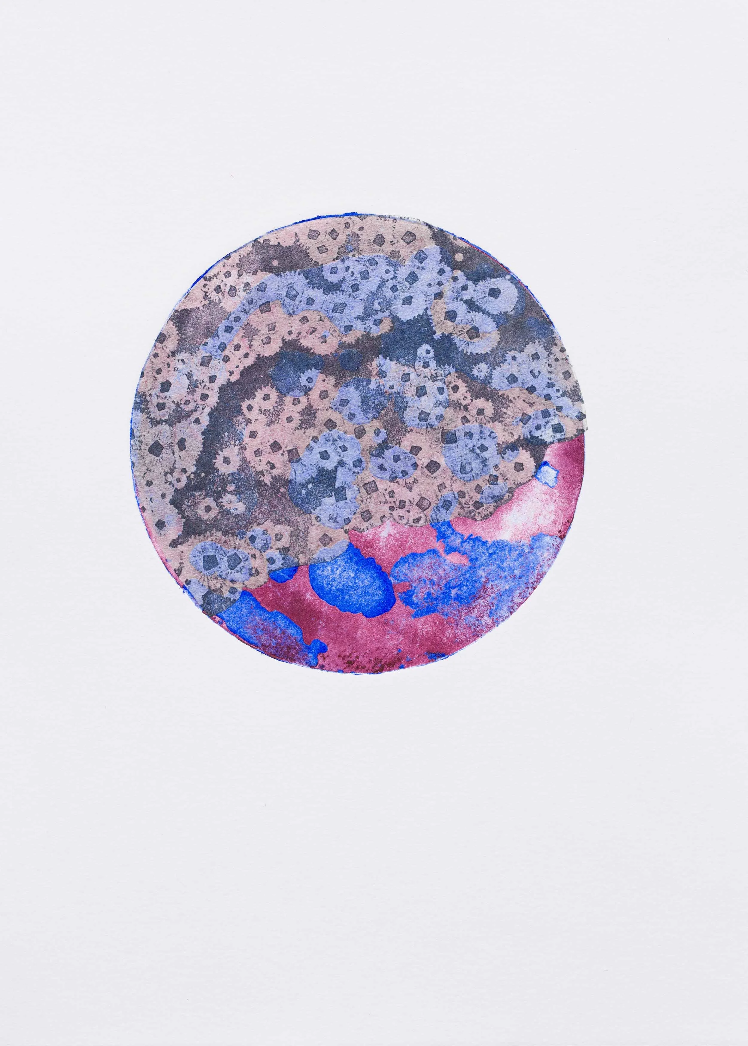 Crustacean Moon, 2018, etched linocut with photo etching and chen colle, 25x35cm