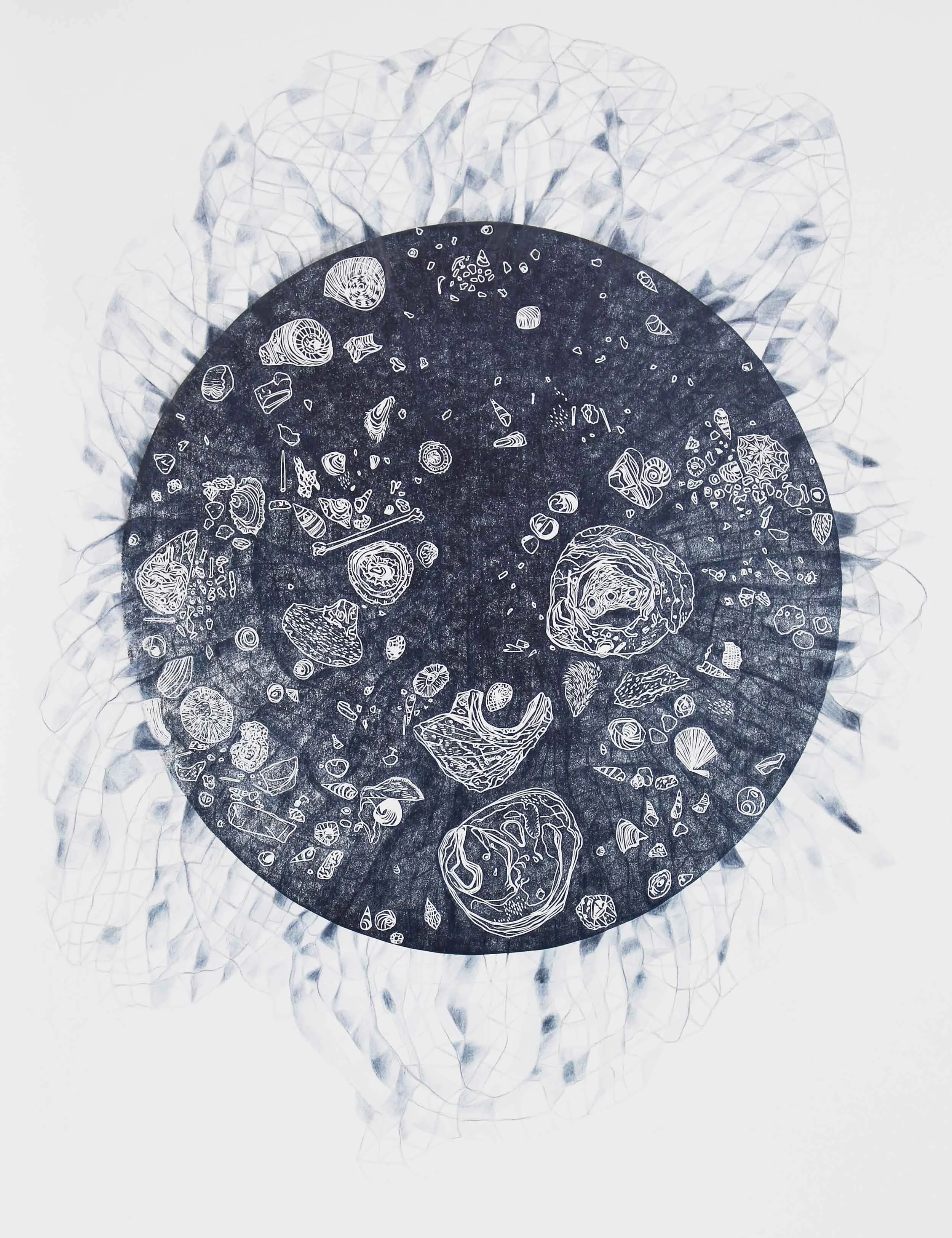 Flux, 2018,  linocut with coloured pencil, 50x70cm (37cm diameter)
