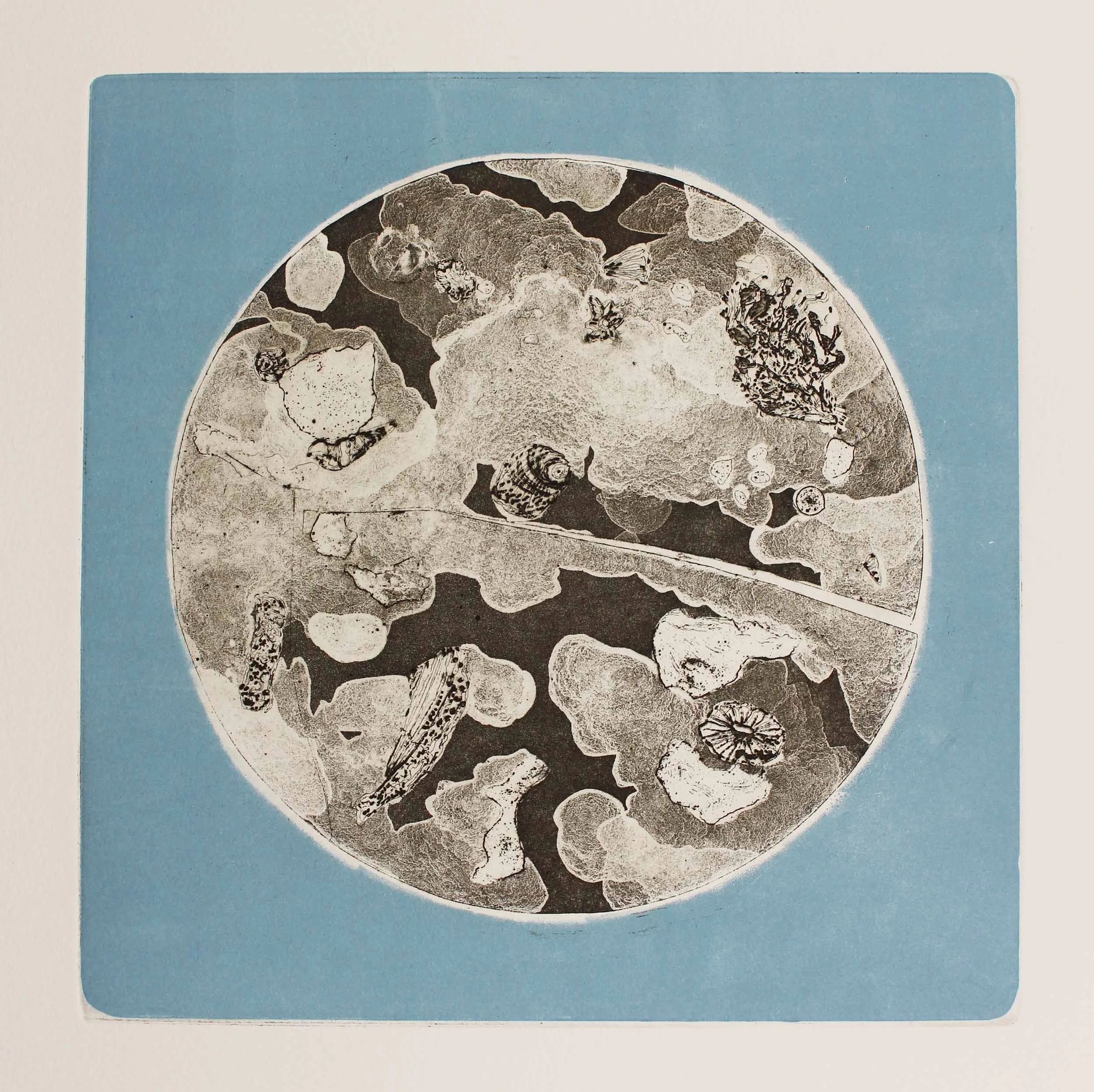 Plate Tectonics, 2018, 2 plate colour etching with aquatint and tusche wash, 39x44cm (22x22.5cm)
