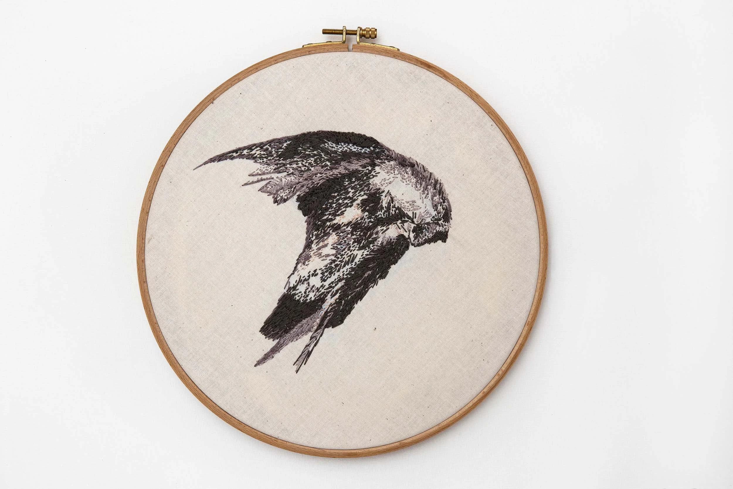 The Space Between Wings, 2014, Embroidery on calico, 26cm diameter