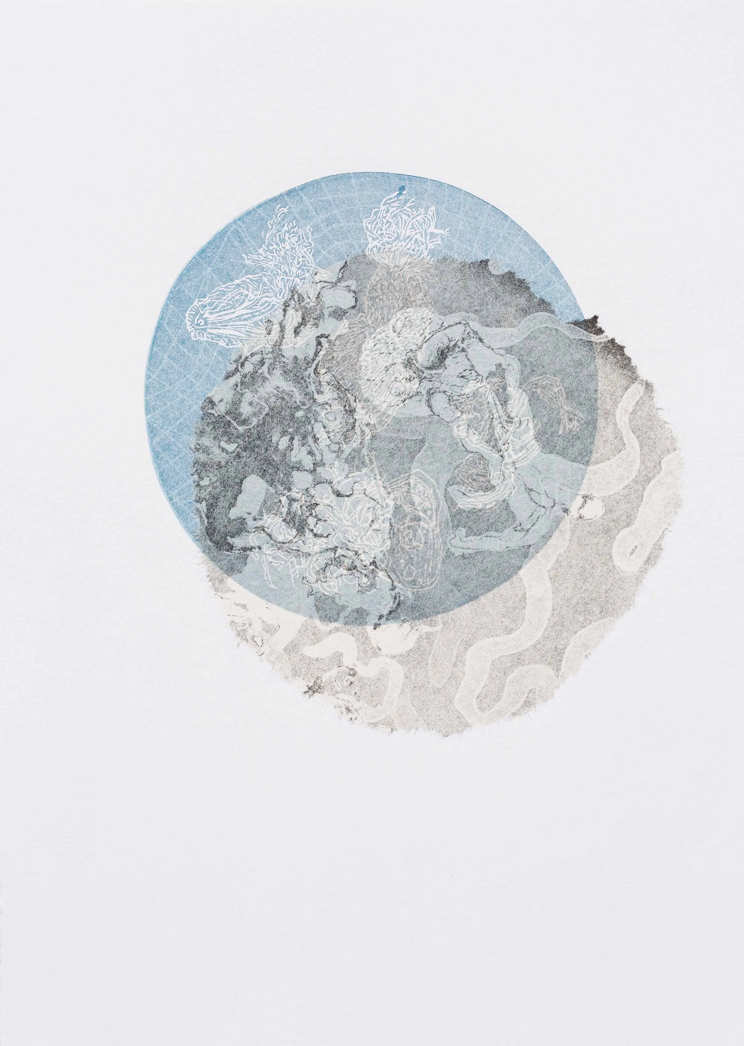 Floaters, 2018, 2 plate ghost linocut with etching, aquatint and chen colle, 25x35cm