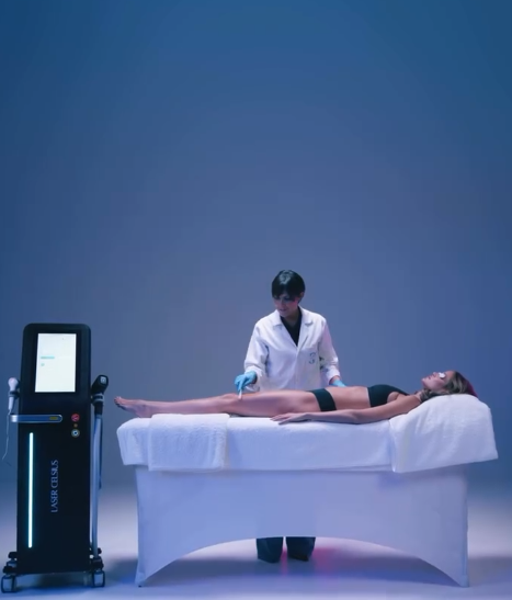 Illustration d'une séance d'épilation laser avec l'appareil Cryo Celsius 4D : une praticienne réalise un soin sur une cliente allongée, chez Eminails à Waremme, près de Liège.