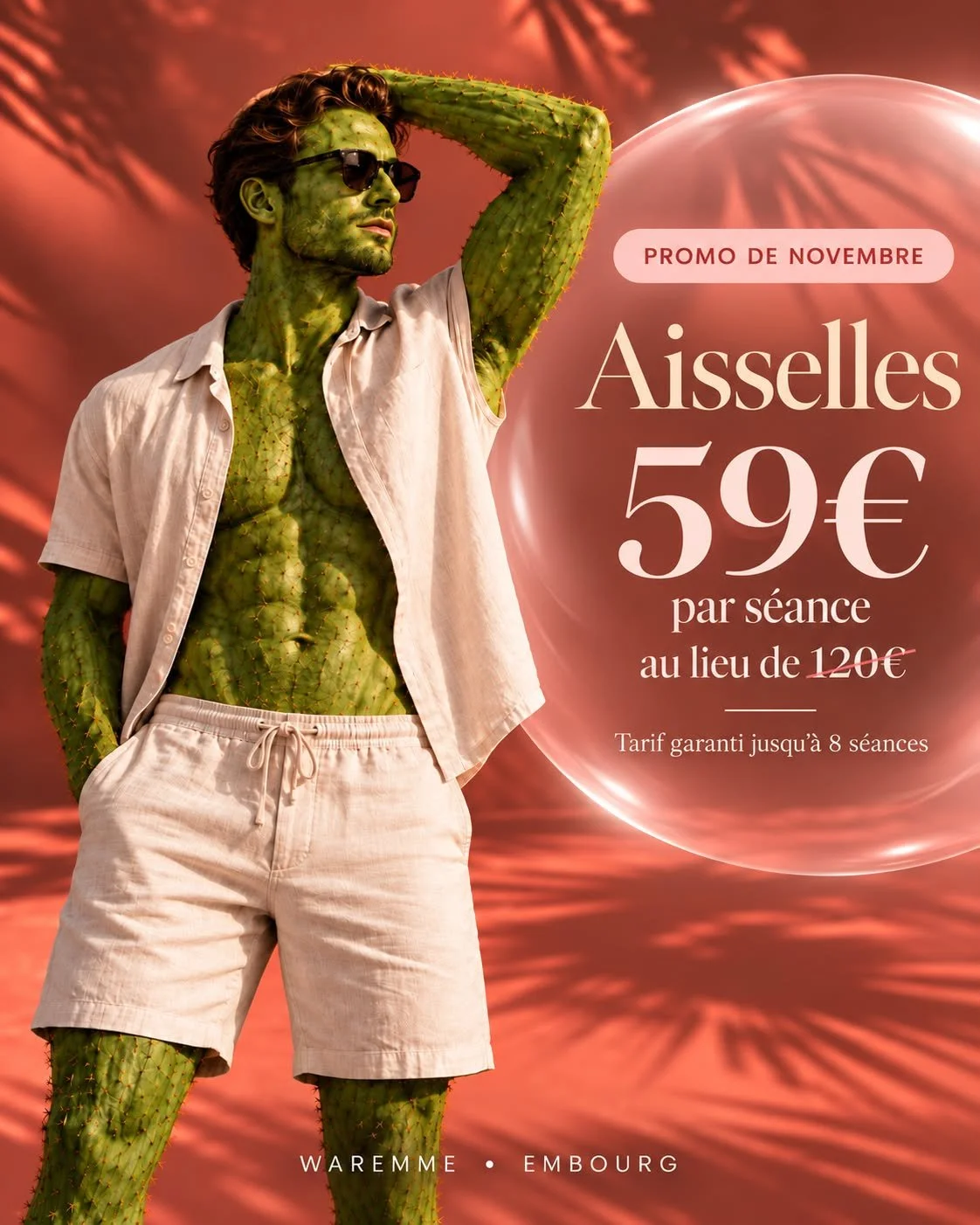 Promotion épilation laser des aisselles à 59€ par séance chez Eminails à Embourg et à Waremme, novembre 2026. Visuel d'un homme à la peau cactus.