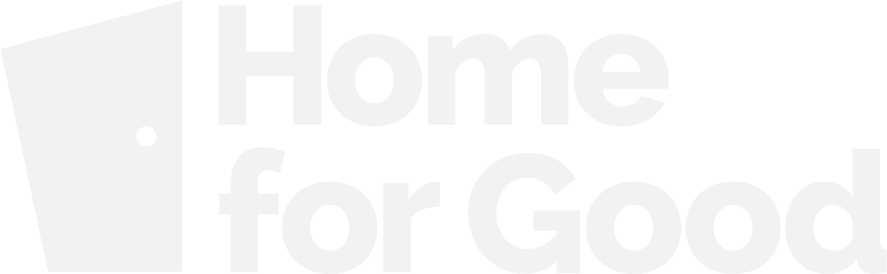 Logo with a stylized door icon and the text 'Home for Good' in bold white letters on a black background.