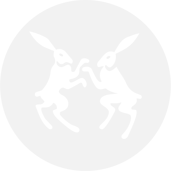 Black and white logo of two stylized rabbits facing each other, standing on their hind legs, with their front paws raised, inside a circular background.