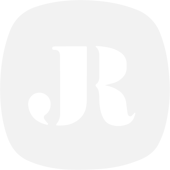 Logo with a black letter 'J' and a black letter 'R' with a comma and period in black, on a white rounded square background.
