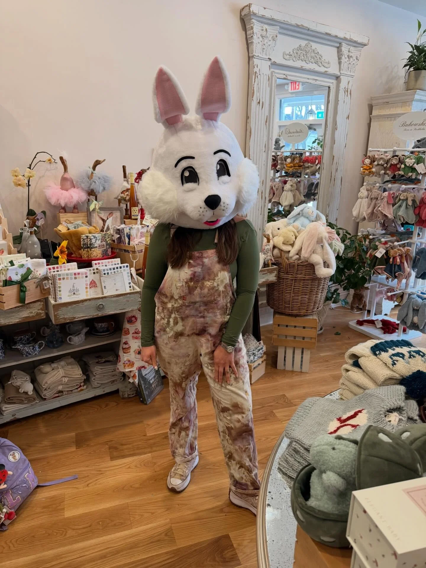 Smiling behind the Easter bunny head because today was just so fun! Don&rsquo;t worry, if you missed the Easter bunny today&hellip; he&rsquo;ll be back next Saturday April 4th 🤗🐰☂️✨🌞🪻🐣☁️🧺