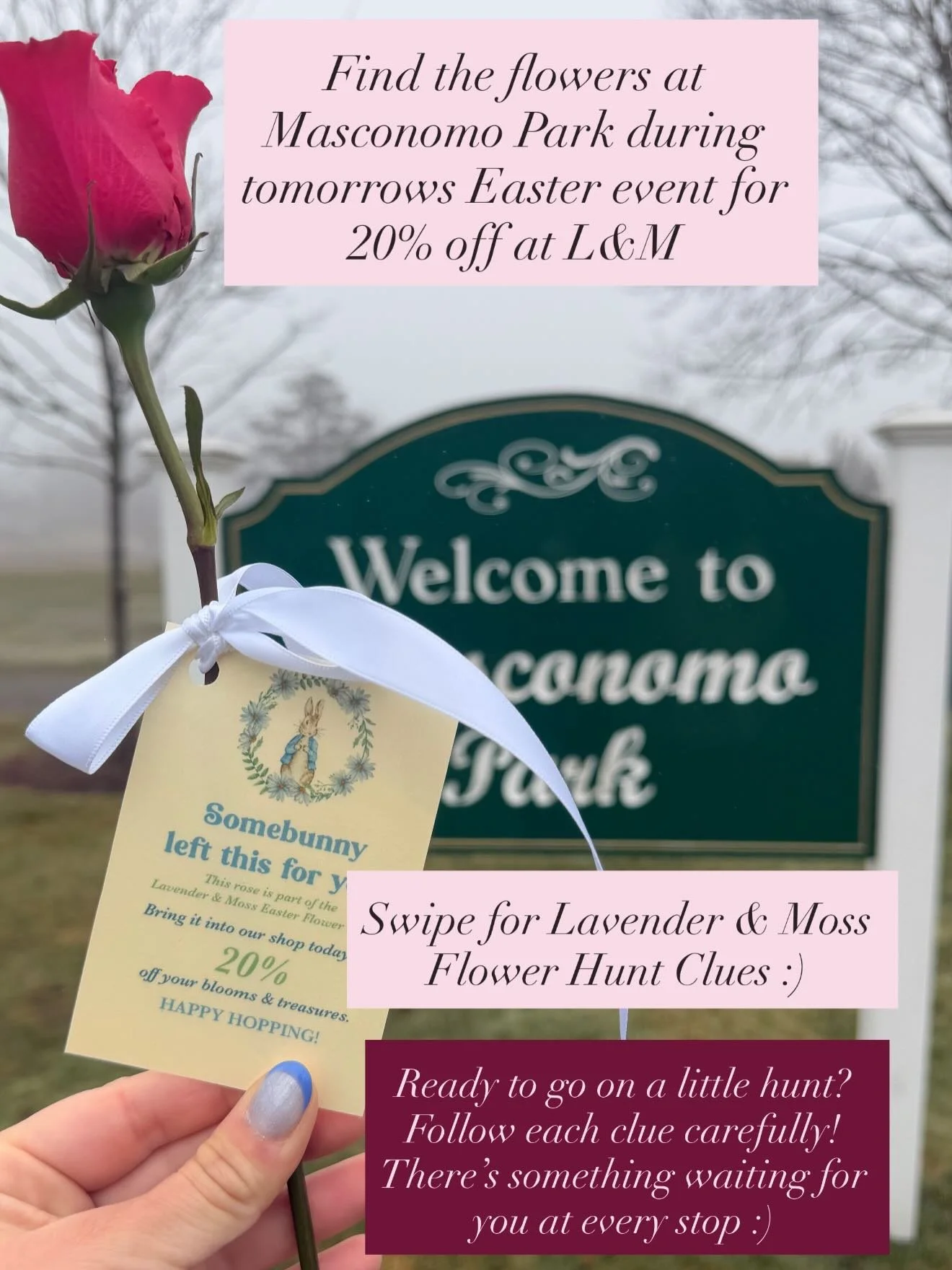 Don&rsquo;t forget about our flower hunt this morning while you are enjoying the festivities at the park!! Find a rose and bring it in for 20% off your purchase today 🐰☂️🪻🌸🐣🧺🌞