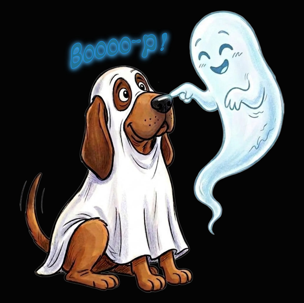 A cartoon dog wearing a white sheet, looking happy with a ghostly spirit pointing at its nose, with the text 'Booool~p!' above.
Halloween, bloodhound, ghost