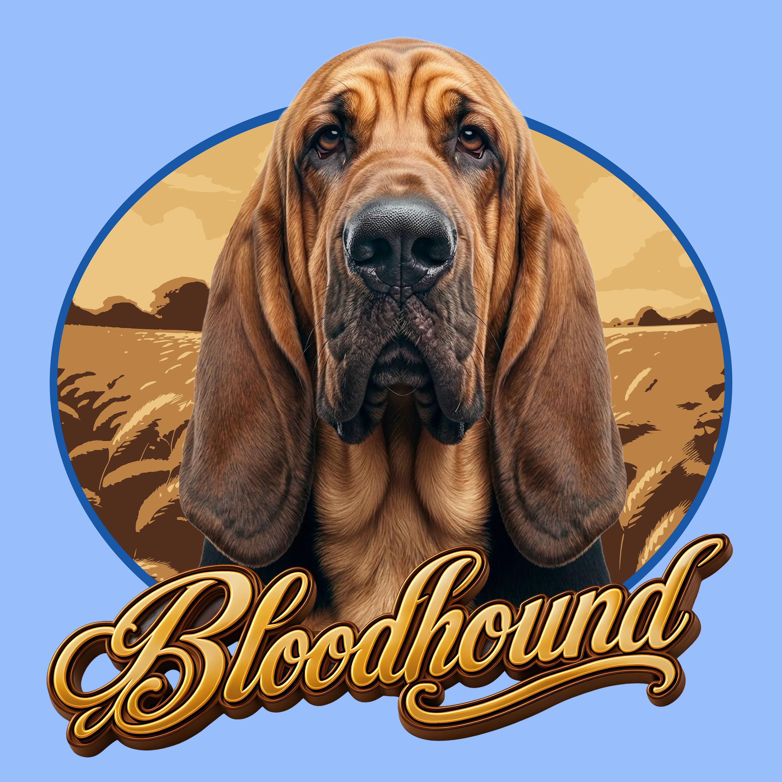 A realistic illustration of a bloodhound dog with a sad expression, set against a desert landscape with mountains, and a blue sky. The bottom part features the text 'Bloodhound' in elaborate gold script.