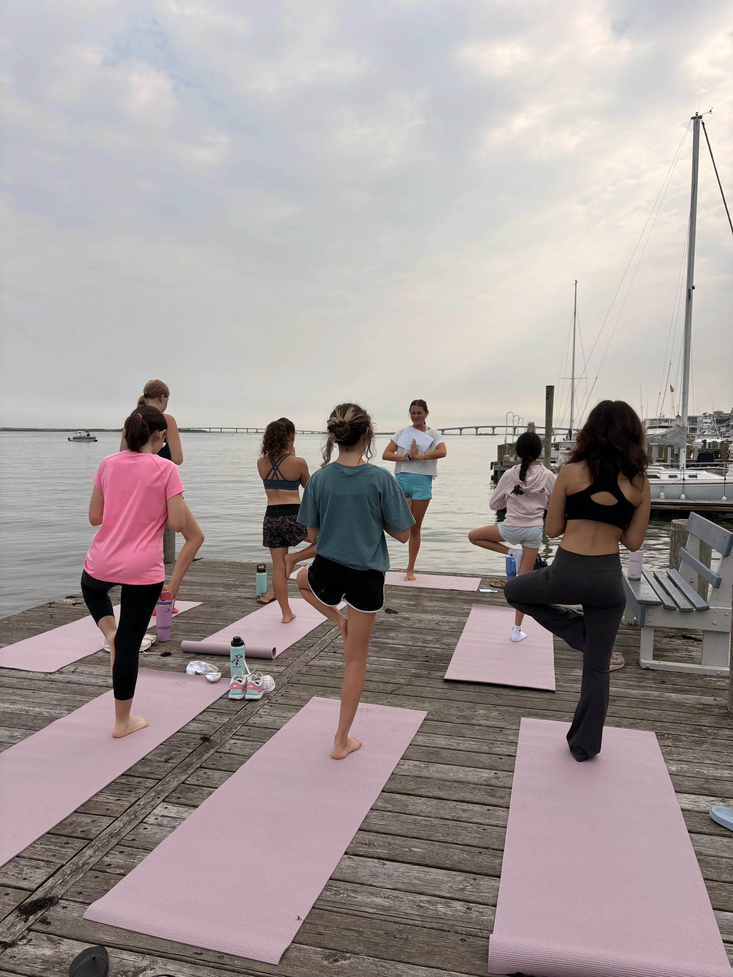 People practicing yoga on pink mats on a wooden dock near the water with boats and a bridge in the background.