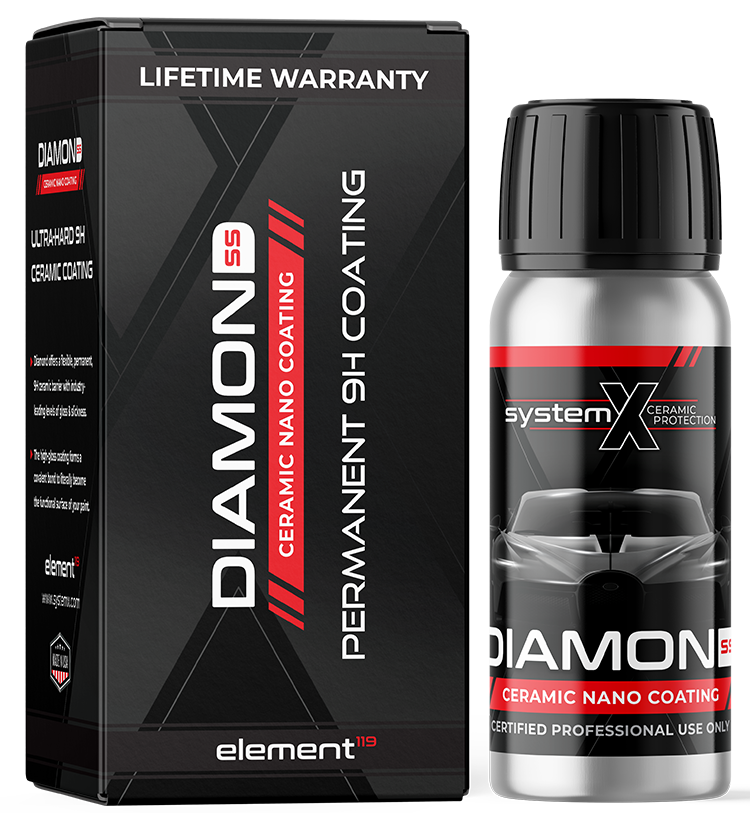 A box and a spray bottle of Element 119 Diamond SS ceramic nano coating for cars, with black and silver packaging, and a sleek car illustration on the bottle.