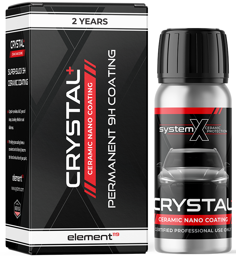 A black box and a spray can of Crystal ceramic nano coating, with the label indicating 2 years of protection, designed for automotive exterior coating, labeled as certified professional use only.