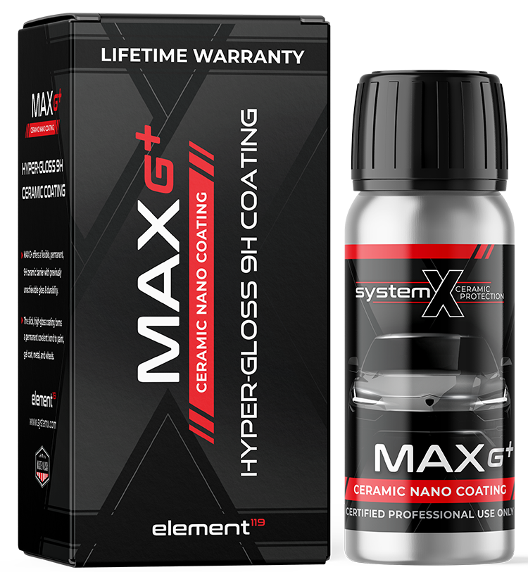 A box and a bottle of MAX G+ ceramic nano coating for automotive protection from element. The packaging highlights its lifetime warranty, hyper-gloss finish, and professional use only features.