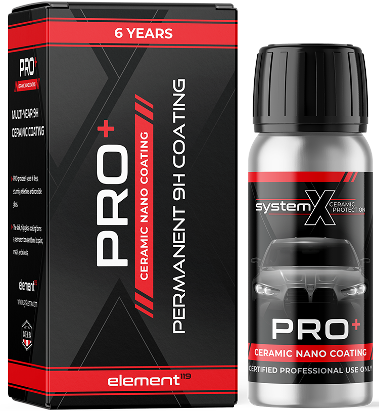 A box and bottle of System X PRO+ Ceramic Nano Coating for vehicles, with black and red packaging and an image of a gray car on the bottle.