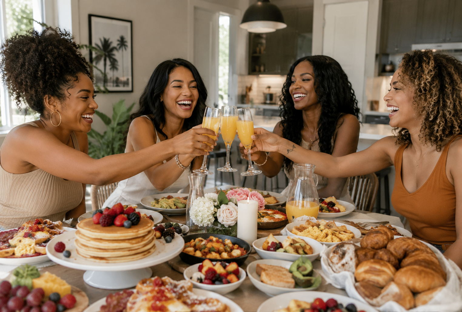Friends enjoying a private chef brunch at home with pancakes, fresh fruit, pastries and mimosas.