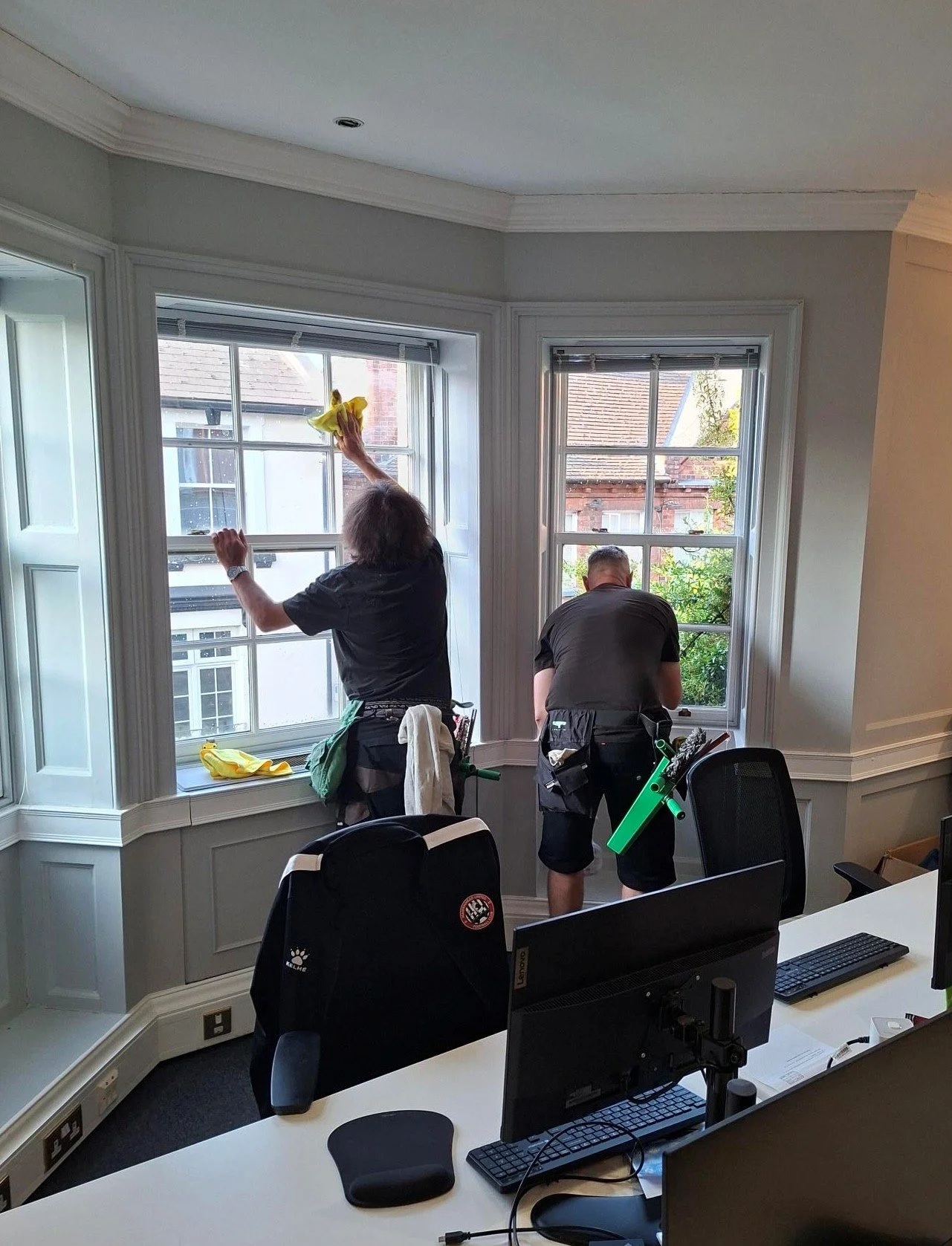 Interior window cleaning in an office