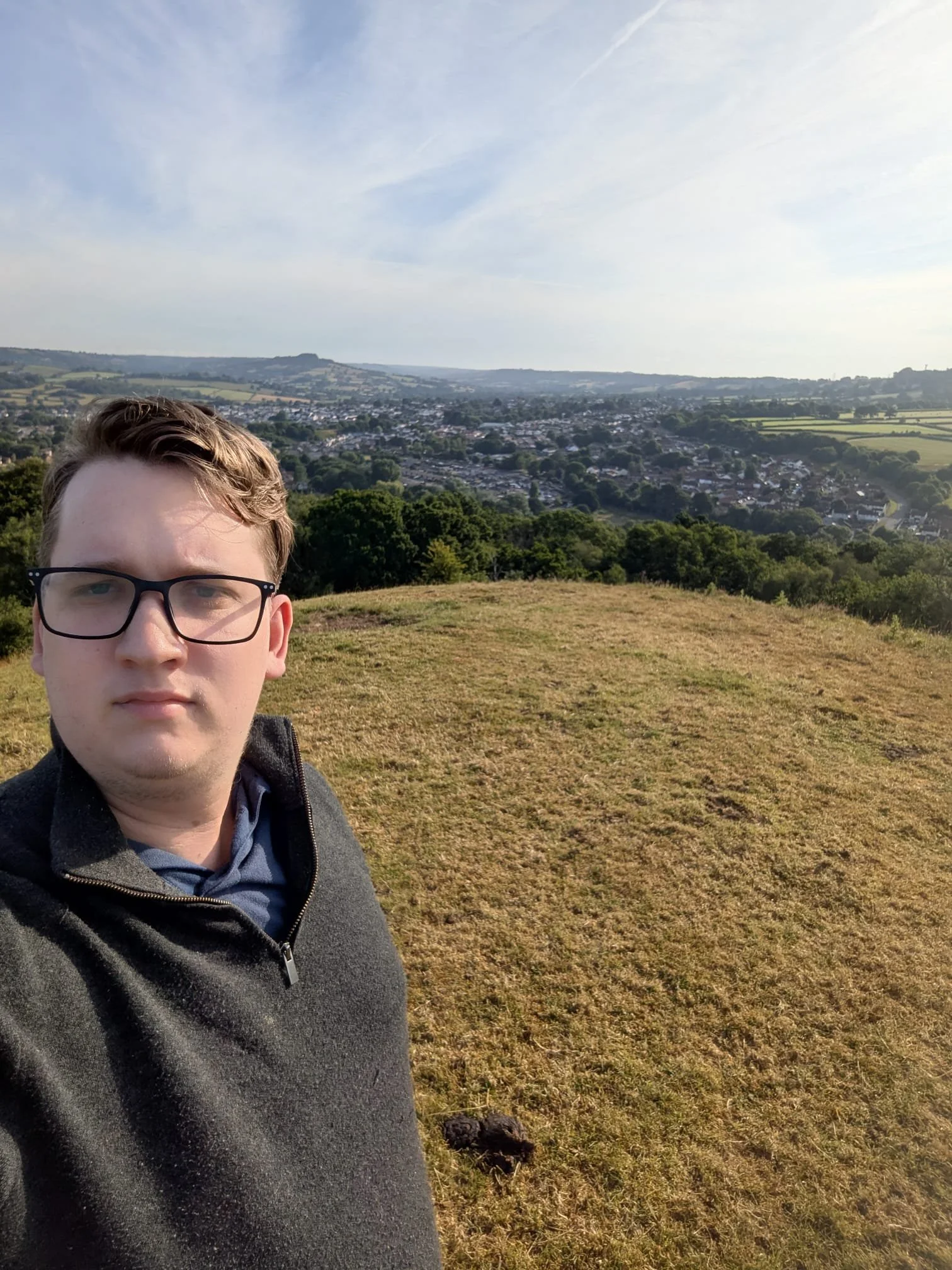 A man stands with his back to the camera overlooking a large park with green lawns and trees, with a city skyline featuring tall buildings in the distance under a cloudy sky.