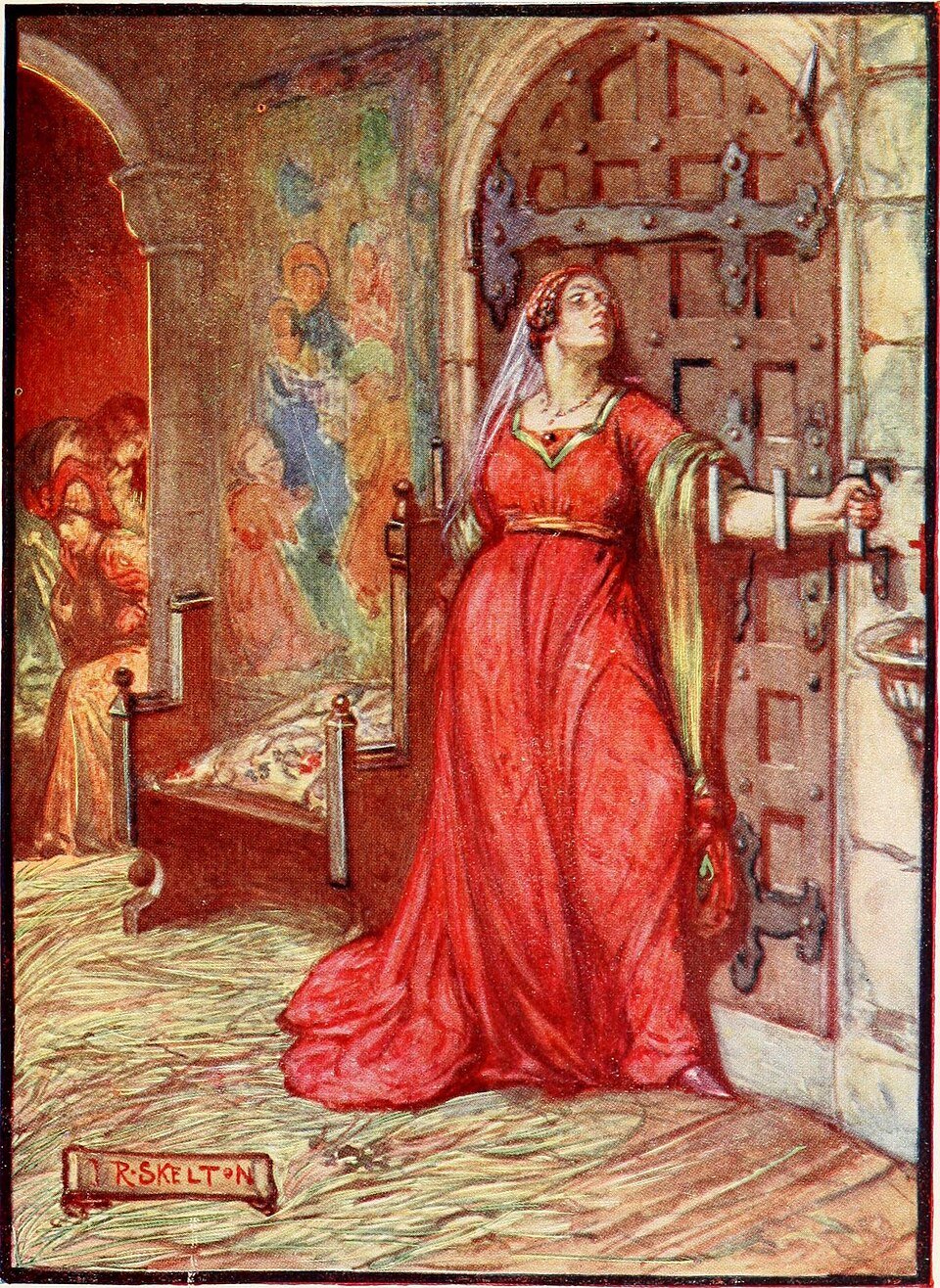 Painting of a woman in a red dress opening a large wooden door, with a bed and wall paintings in the background.