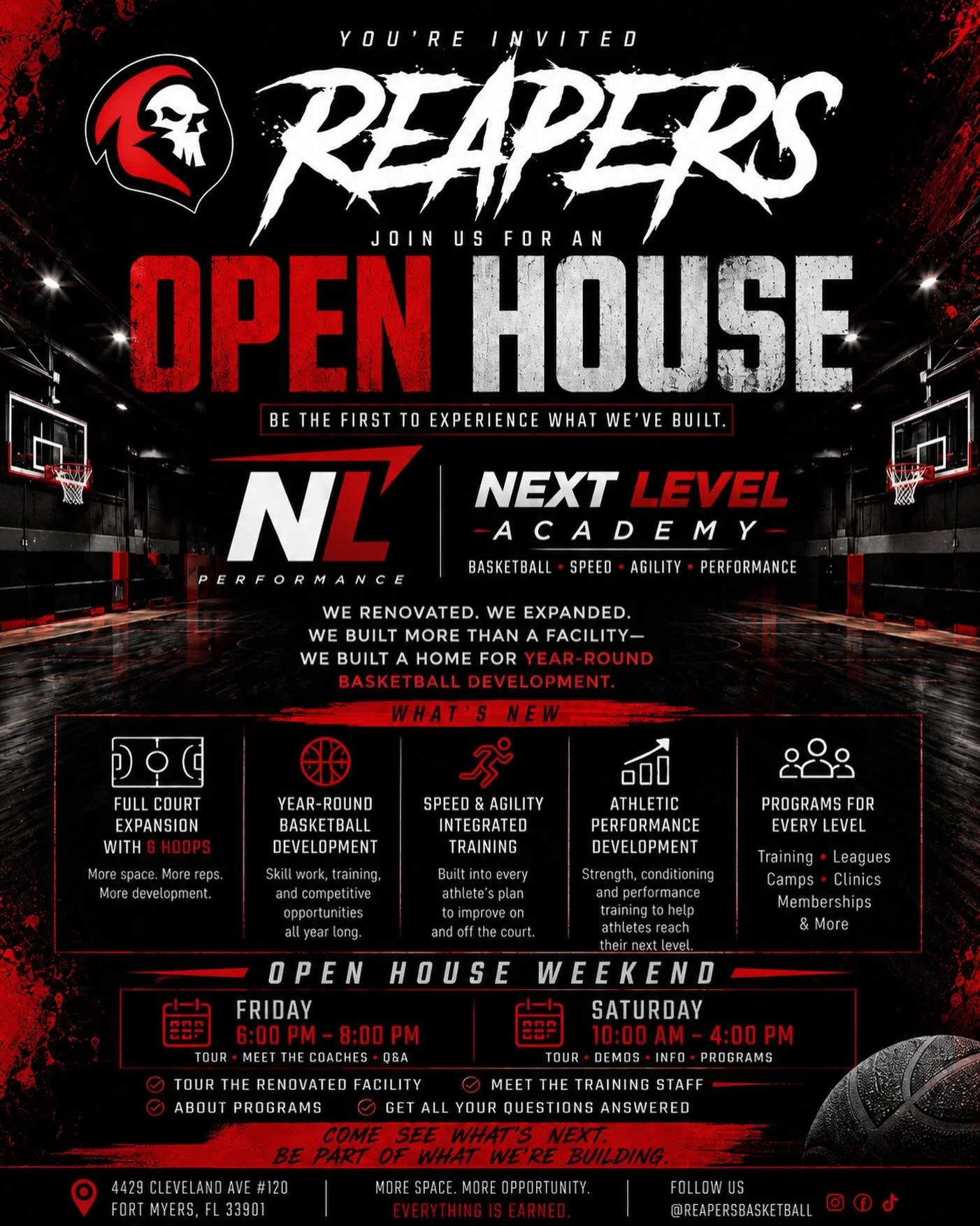 🏀🔥 YOU&rsquo;RE INVITED! 🔥🏀

The wait is over. Come see what we&rsquo;ve been building at Redline Fort Myers and experience the new home of Florida Reapers Basketball / Next Level Academy!

✅ Renovated Facility
✅ Full Court Expansion with 6 Hoops