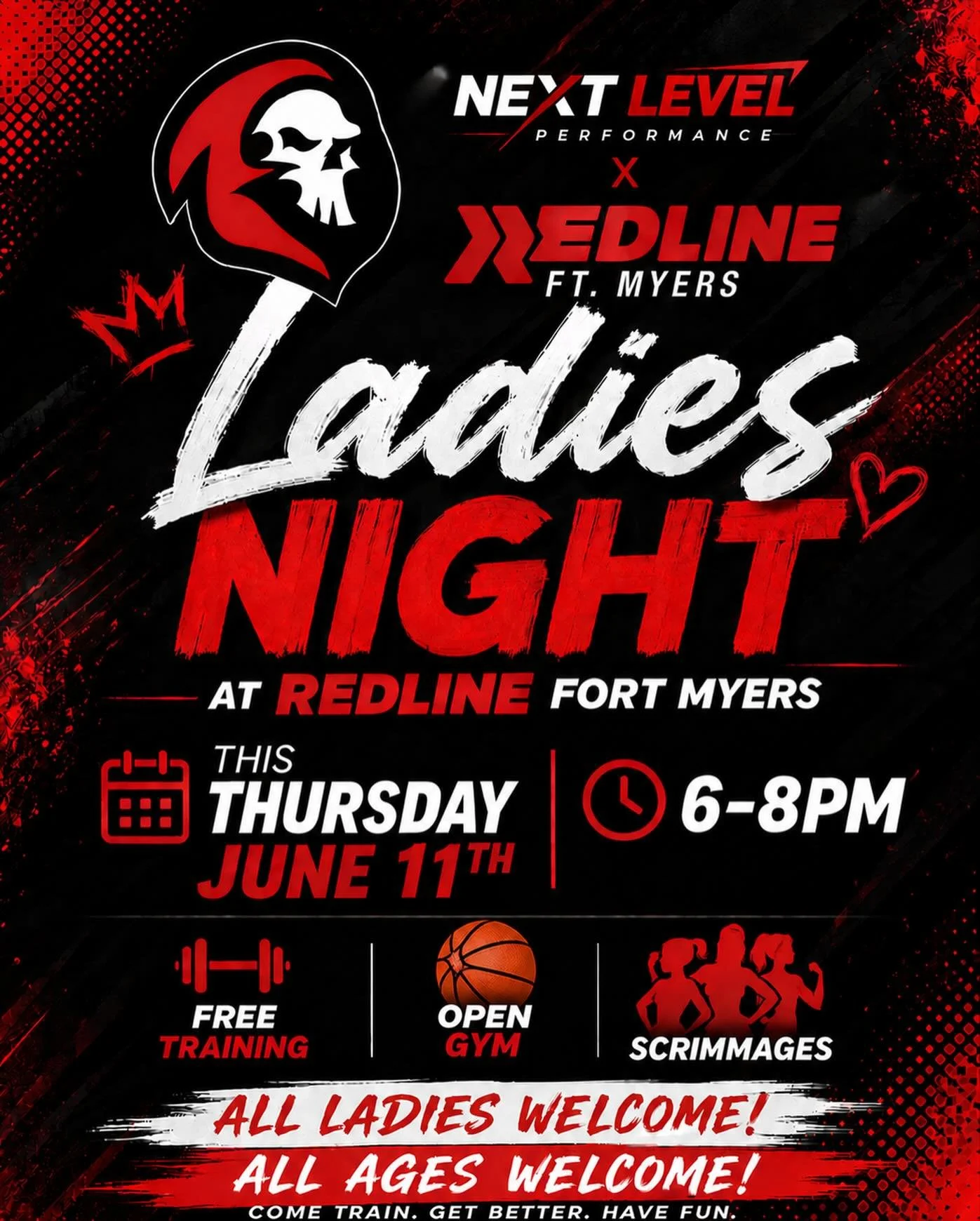 🌹🏀 LADIES NIGHT IS HERE! 🏀🌹

Grab your friends and join us for a fun, competitive, and welcoming night of basketball at Redline Fort Myers!

📅 Thursday, June 11th
⏰ 6:00 PM - 8:00 PM
📍 Redline Fort Myers

✅ FREE Training
✅ Open Gym
✅ Live Scrim