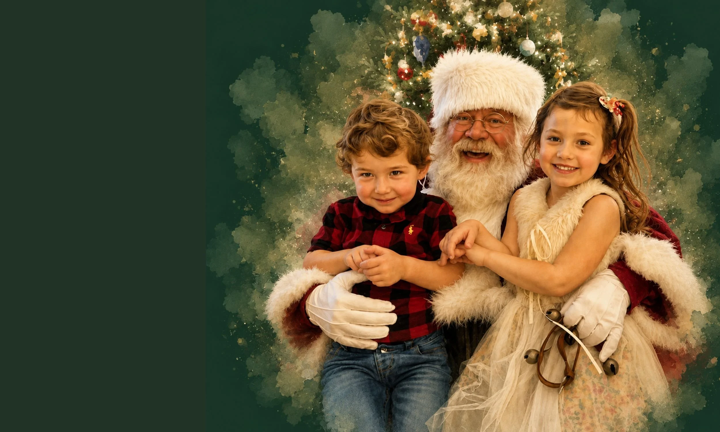A man dressed as Santa Claus sitting with two children in front of a decorated Christmas tree, smiling.