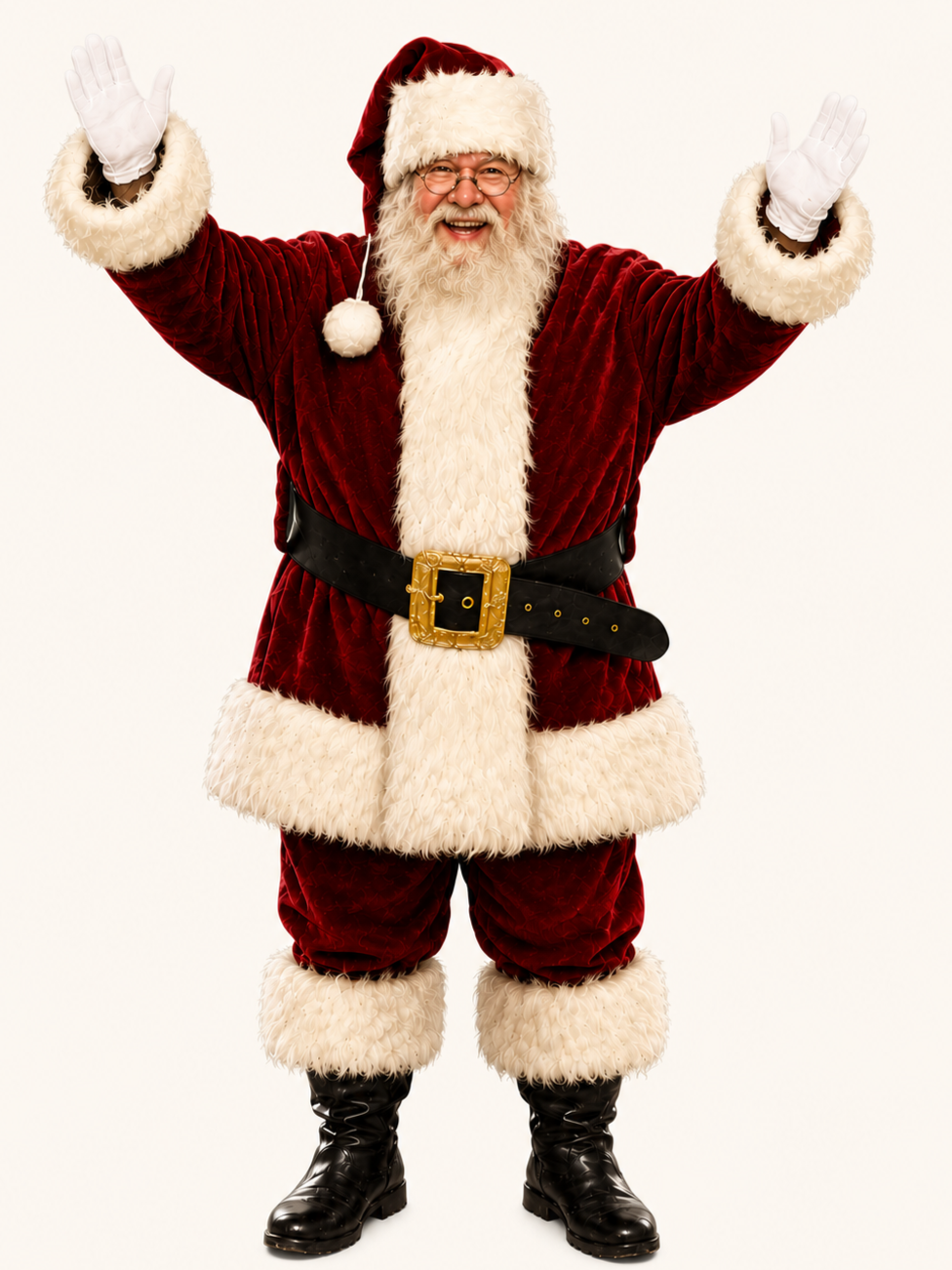 Santa Claus in a red velvet suit with white fur trim, black boots, and a black belt, waving with both hands.
