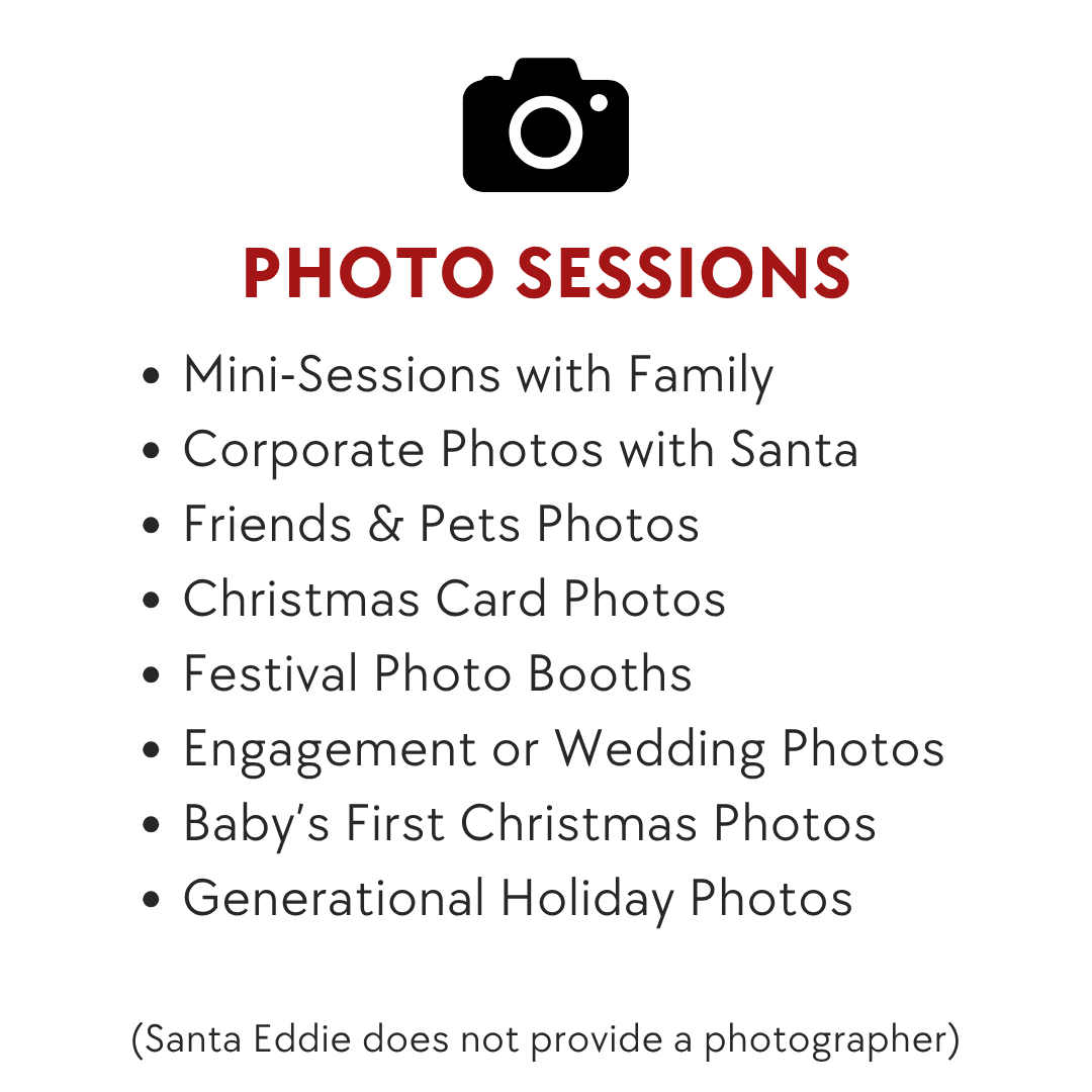 A promotional poster for photo sessions, listing various types of photography services including mini-sessions with family, corporate photos with Santa, friends and pets photos, Christmas card photos, festival photo booths, engagement or wedding photos, baby's first Christmas photos, and generational holiday photos.