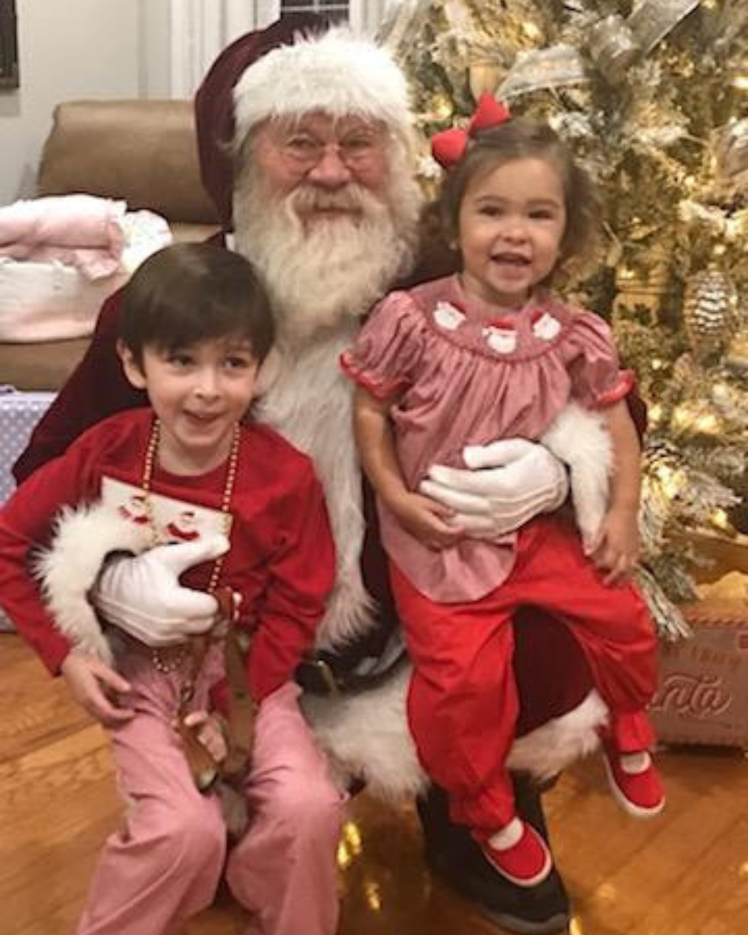 Santa Claus with two young children, one girl and one boy, during Christmas, with a decorated Christmas tree in the background.